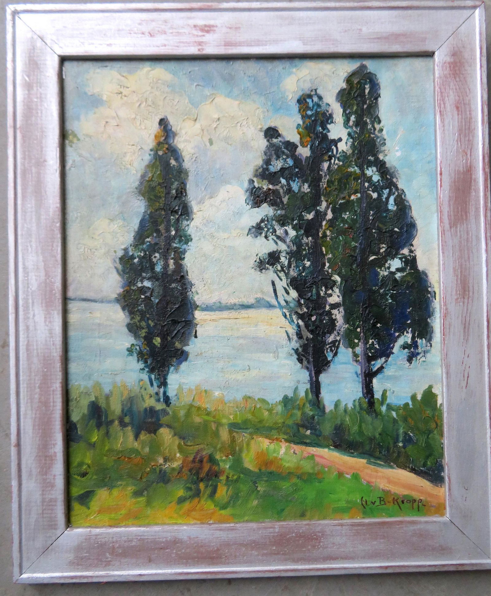 O/B Landscape with 3 trees (impasto) by large body of (1 of 4)