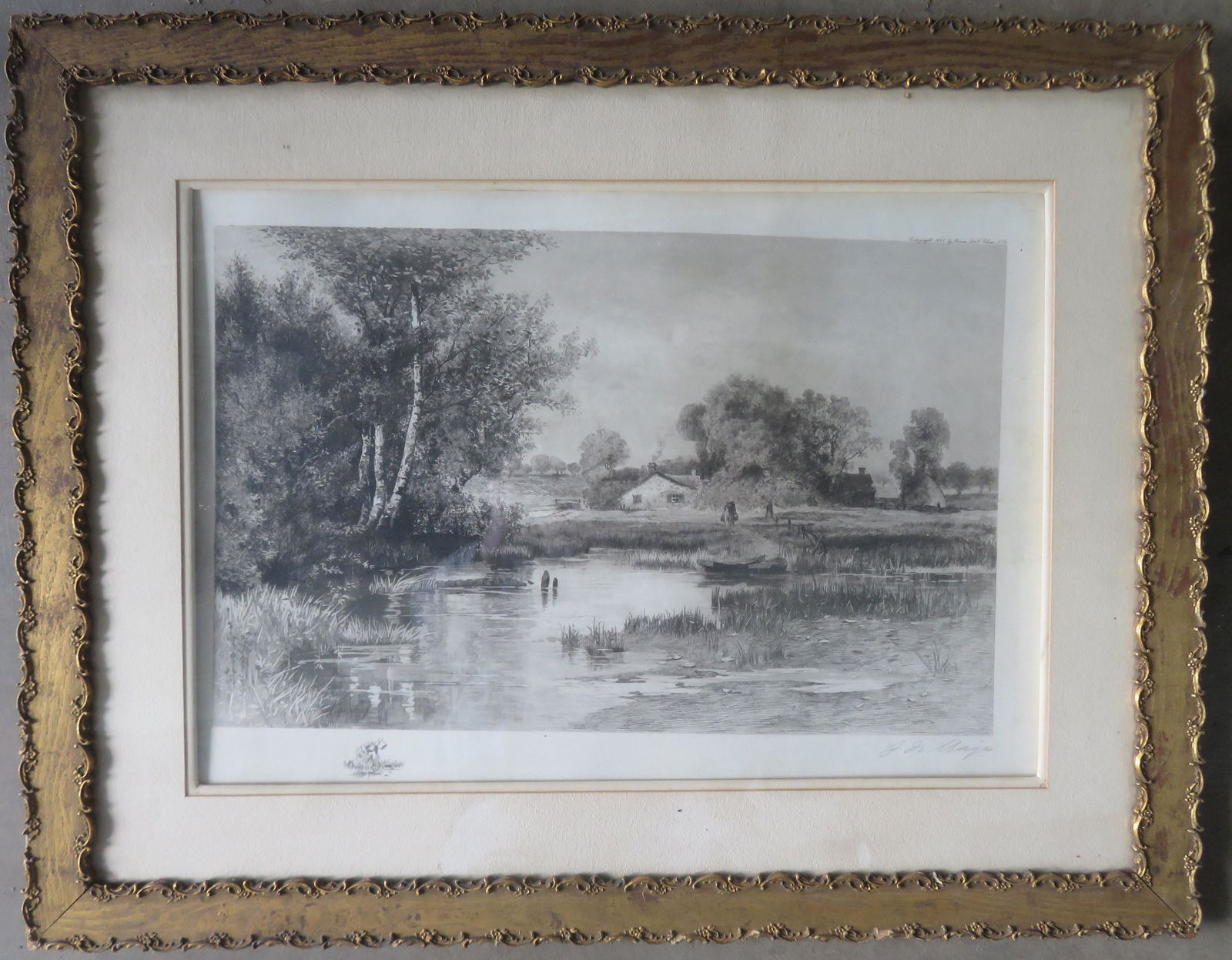 A large folio steel engraving of a farm scene, signed (1 of 6)