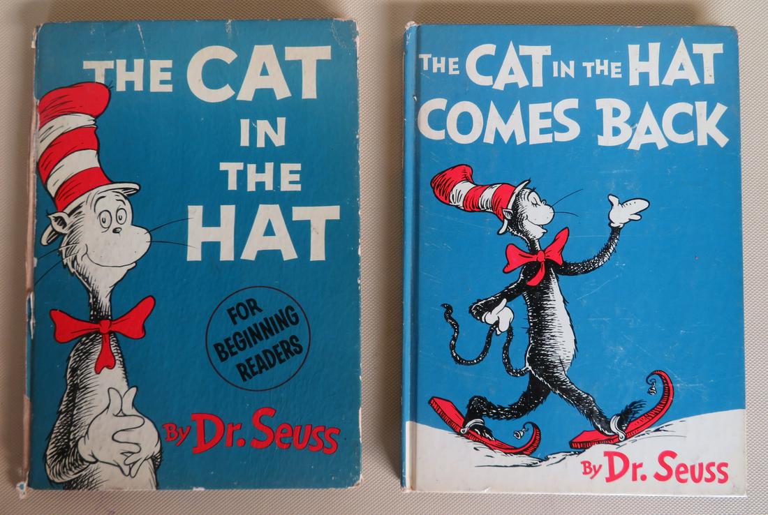 Two vintage Dr. Seuss books: The Cat In The Hat, Random: Two vintage Dr. Seuss books: The Cat In The Hat, Random House, published in 1957 - spine with losses, the covers with slight use wear and overall good condition; 2) The Cat In The Hat Comes Back, Begi