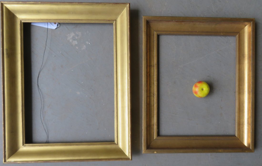 Two newer lemon gold frames, 20th century: Two newer lemon gold frames, 20th century, stamped on reverse "Made in Italy". Both in very good condition. The largest: Overall size 22 1/2" x 28 1/2" with an opening of 23 5/8" x 17 1/2". The smalle