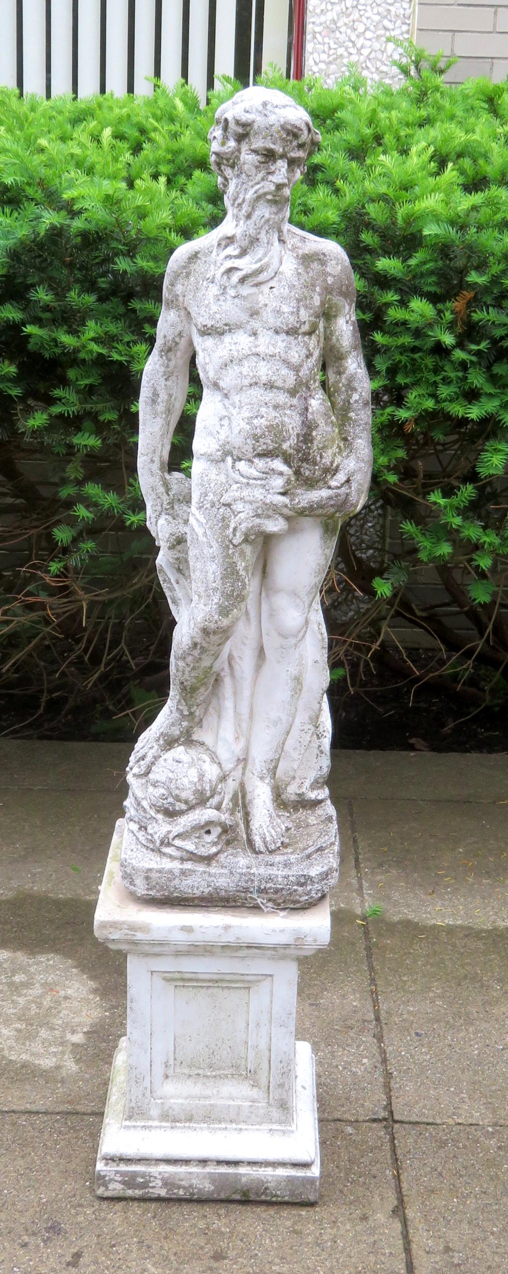 A concrete garden sculpture depicting Neptune standing: A concrete garden sculpture depicting Neptune standing above a dolphin, early to mid 20th century. Neptune is the Roman god of fresh water and the sea and he stands on a rectangular shaped concrete pl