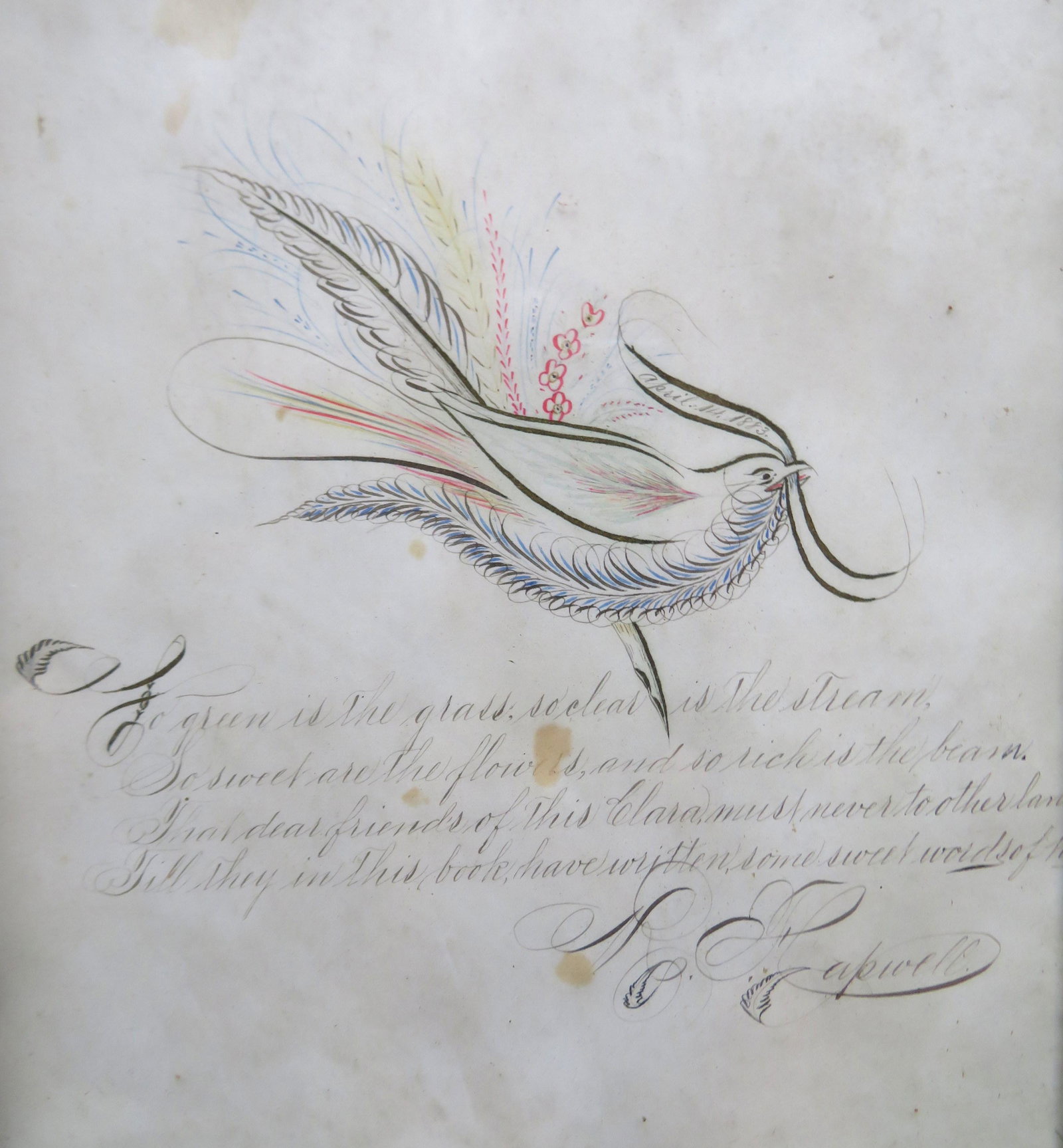 An unusual school girl/boy multi-colored calligraphy: An unusual school girl/boy multi-colored calligraphy depicting a bird holding banner dated April 1st, 1883, and a quill writing a poem below that reads: "So Green is the grass, so clear is the stream,