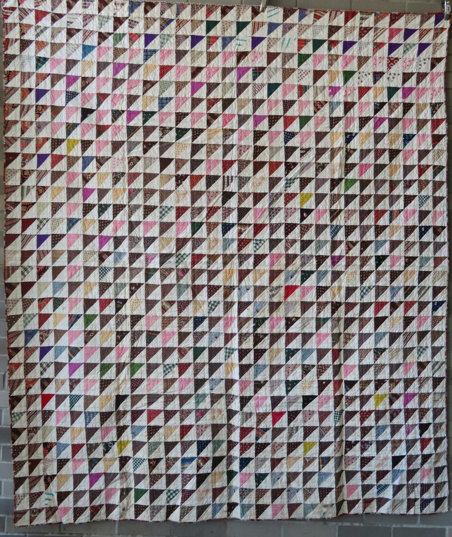 NY patchwork quilt, in a Flying Geese variation: NY patchwork quilt, in a Flying Geese variation pattern, 19th century, signed and dated "Lucy A. Bump Dec. 10th 1872" (Lucy Ann Bump 1839-1919 raised in Town of Union, Broome County, New York). Only 2