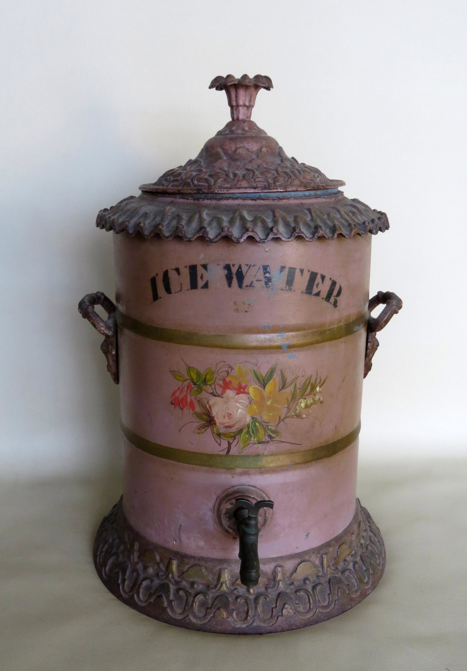 The best 19th century paint decorated water cooler,: The best 19th century paint decorated water cooler, signed "Abbott & Lawrence / Philada / Patented 1855 / 2" (probably 2 gallon size). It has an ornate cast iron removable lid with flower finial with 