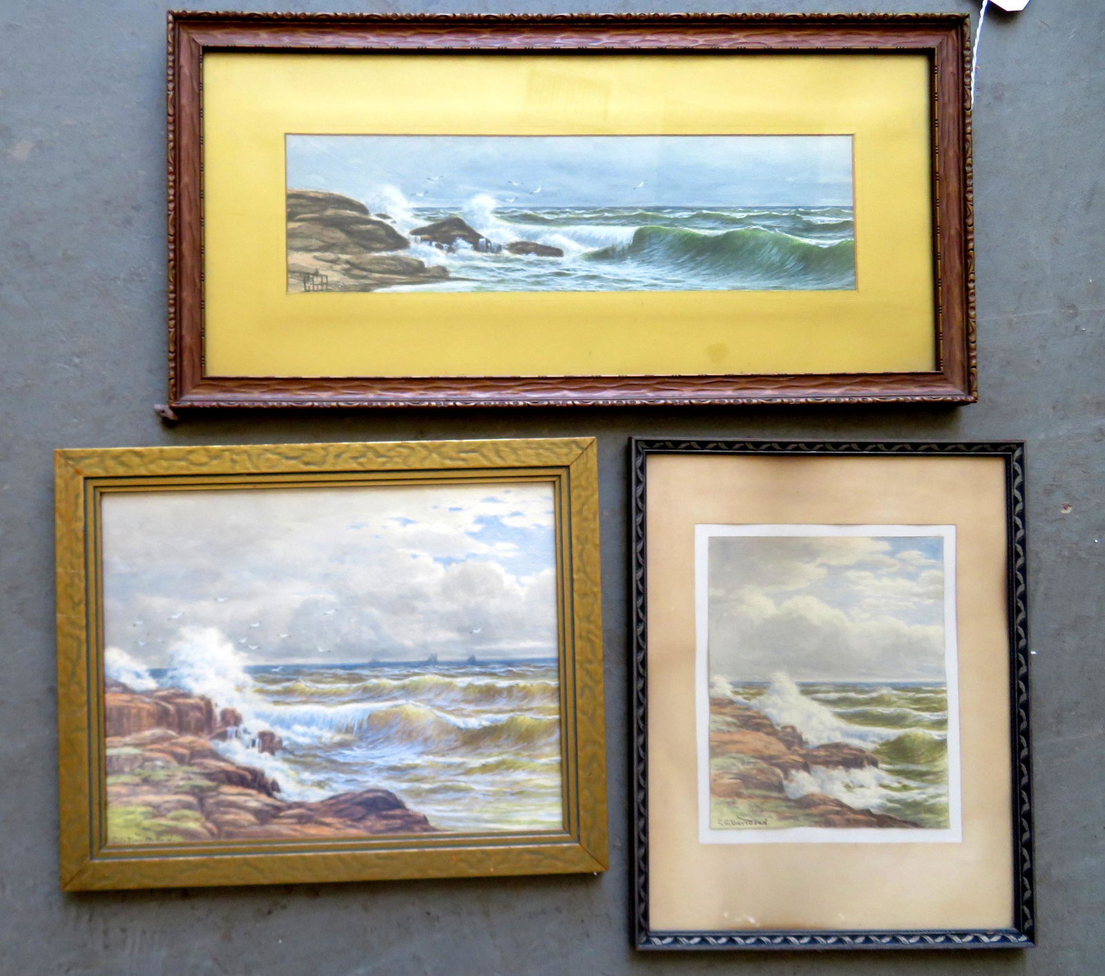 Charles Grant Davidson, NY, 1865-1945. Thee W/C: Charles Grant Davidson, NY, 1865-1945. Thee W/C Seascapes depicting waves breaking at shoreline. The largest signed CGD, and the 2 smaller signed C.G. Davidson. All in very good condition. Circa 1910-