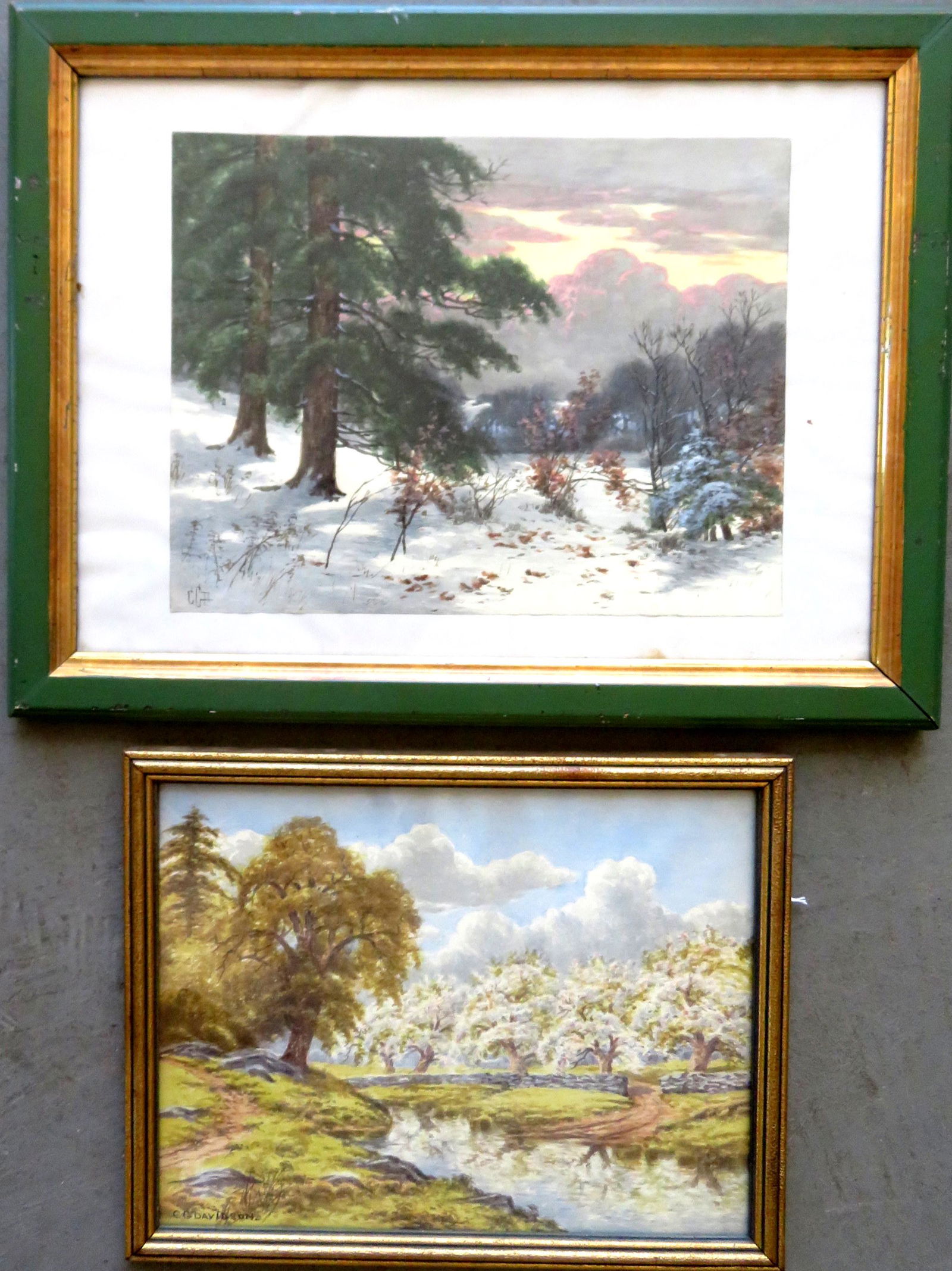 Charles Grant Davidson, NY, 1865-1945. Two W/C: Charles Grant Davidson, NY, 1865-1945. Two W/C Landscapes - the smaller in spring with blossoming trees near stream - total frame size 14 1/2" x 11 1/2" signed C.G. Davidson; and the larger, a winter