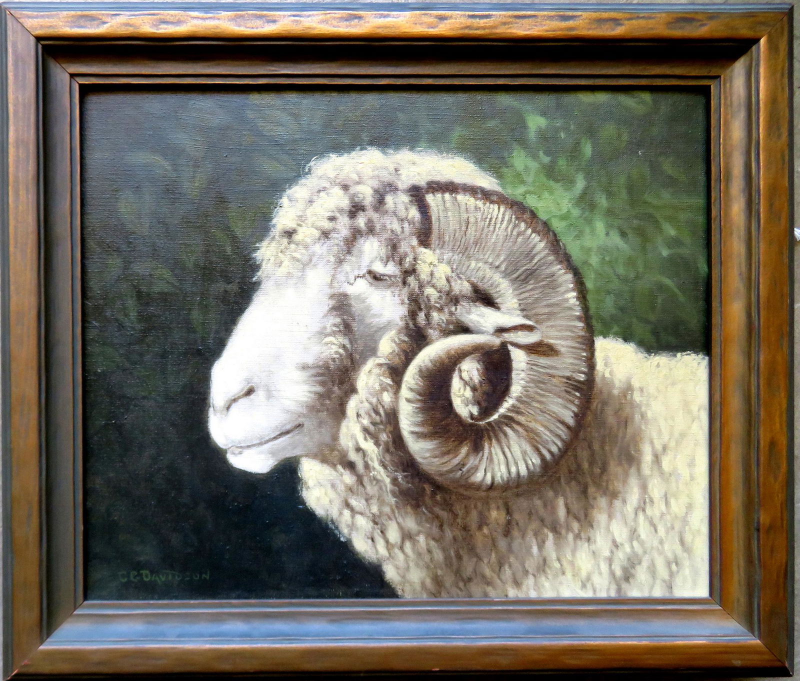 Charles Grant Davidson, NY, 1865-1945. O/C Portrait of: Charles Grant Davidson, NY, 1865-1945. O/C Portrait of a ram signed C.G. Davidson. Pencil inscription on stretcher "Cleaned and oiled Feb. 1947". Circa 1910-30. Very good condition, no damage. Stretch