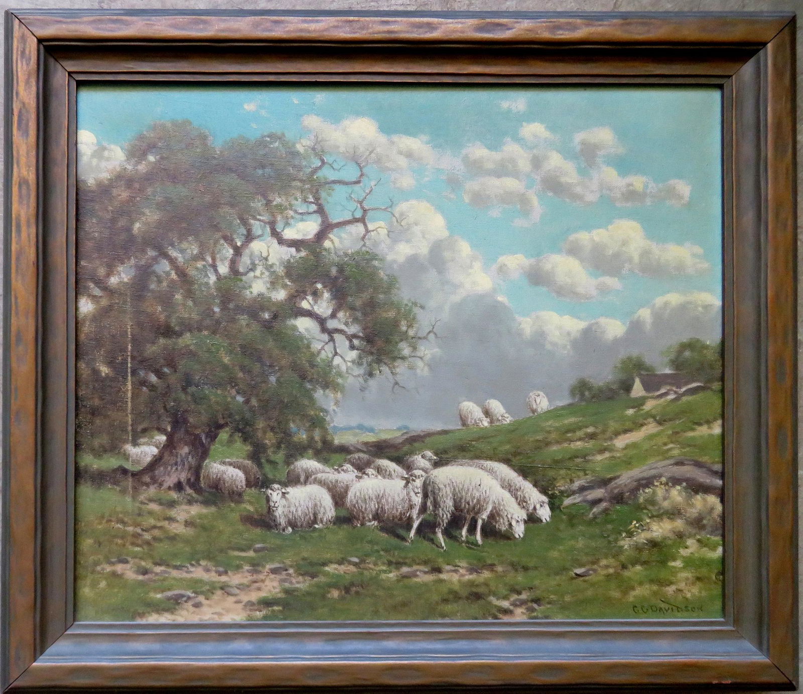 Charles Grant Davidson, NY, 1865-1945. O/C Pastoral: Charles Grant Davidson, NY, 1865-1945. O/C Pastoral scene of grazing sheep near tree and billowing clouds, signed C.G. Davidson - darkened surface that needs cleaning, otherwise no damage and in very