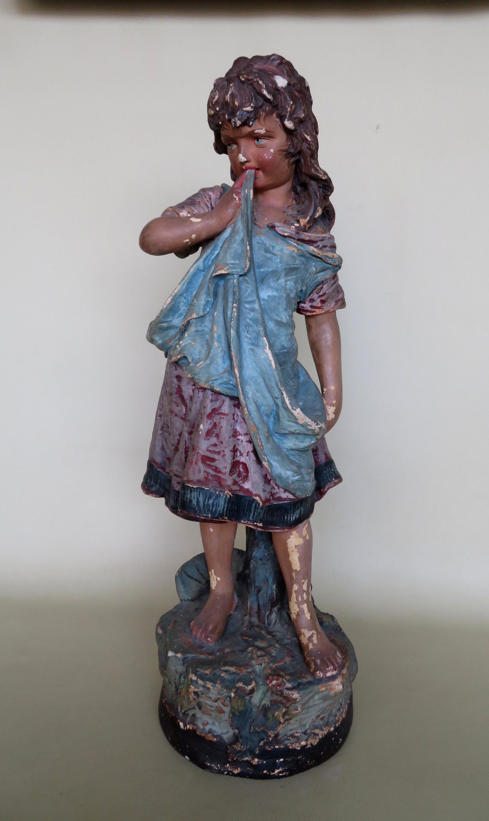Large Victorian plaster sculpture of a standing bashful: Large Victorian plaster sculpture of a standing bashful young girl - all hand painted. Some paint wear and losses but overall good condition. 26"H x 8"D (base). 19th century.