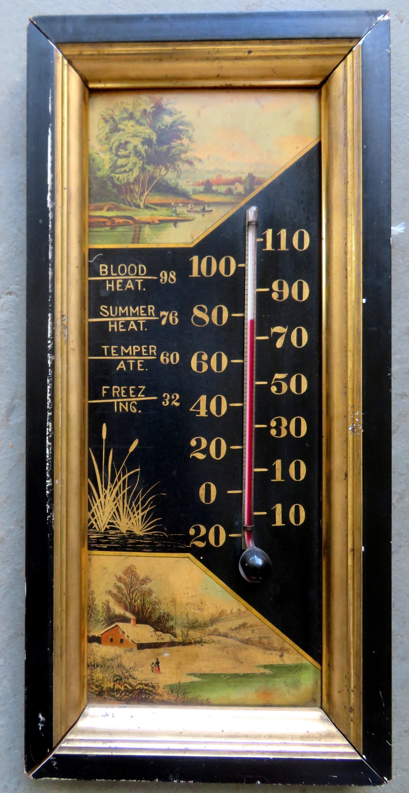 A Victorian "Resistance Thermometer" signed Myers -: A Victorian "Resistance Thermometer" signed Myers - Phelps NY & Buffalo NY. The thermometer is attached to a landscape lithograph in the Eastlake style, and mounted in original painted 19th century fr