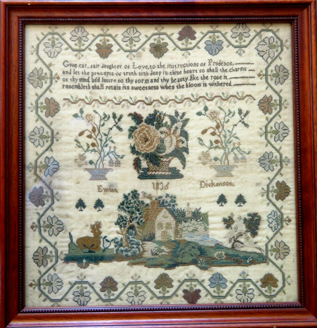 Pictorial sampler signed Emma Dickenson 1836. Contains: Pictorial sampler signed Emma Dickenson 1836. Contains a poem over flowers in urns over a building surrounded by trees and flanked by resting deer and birds in tree. The entire image has a floral and 