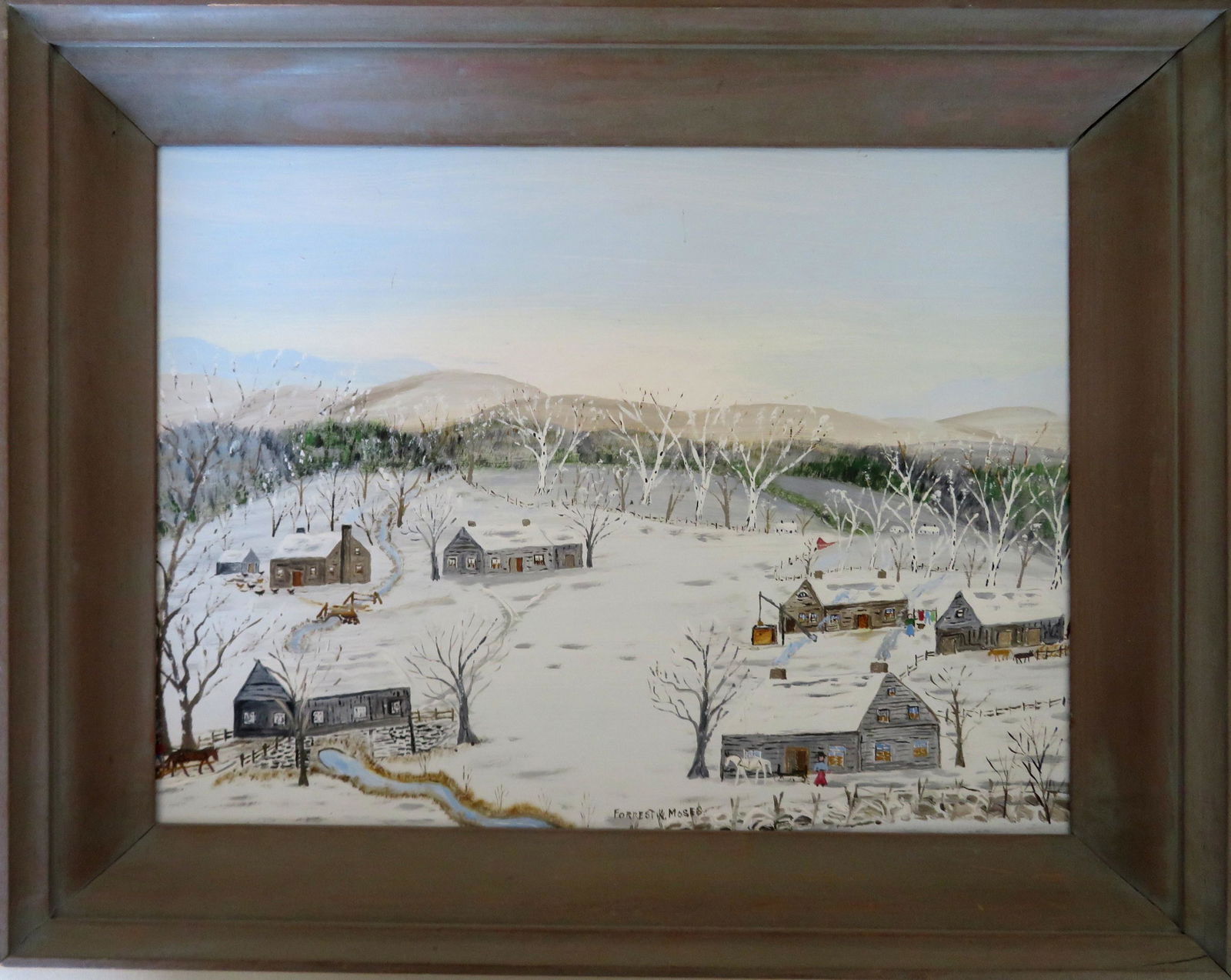 Forrest King Moses, NY 1893-1974, son of the famous: Forrest King Moses, NY 1893-1974, son of the famous Grandma Moses (Anna Mary Robertson Moses). Oil on masonite winter landscape with houses, farm animals and people, signed Forrest K. Moses. Excellent