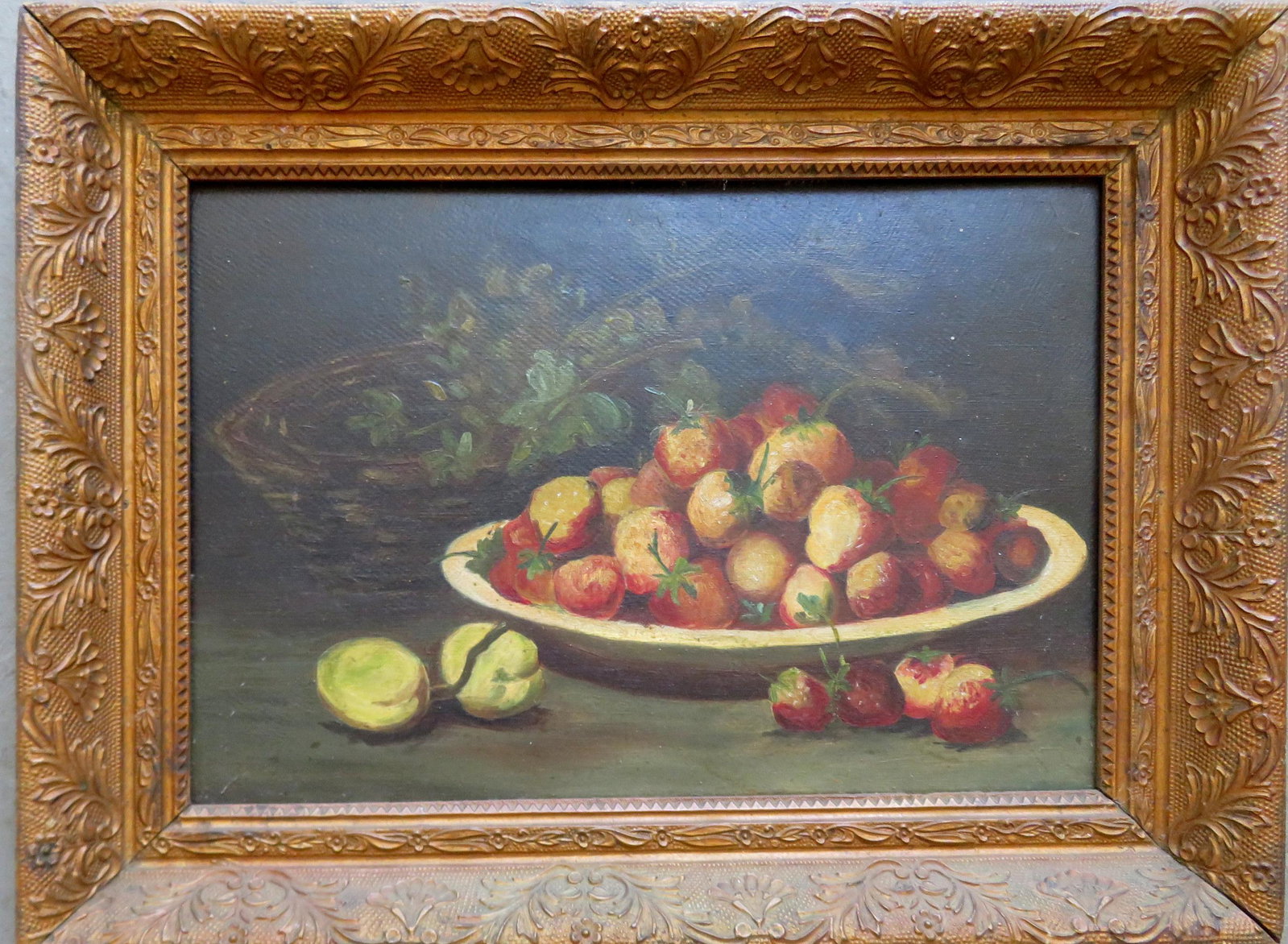 O/B Still life of fruit in bowl, late 19th century, in: O/B Still life of fruit in bowl, late 19th century, in original gesso and gilt frame. Very good condition. Sight size 14 3/4" x 10 1/8" and overall size of frame 19 1/4" x 14 1/2".