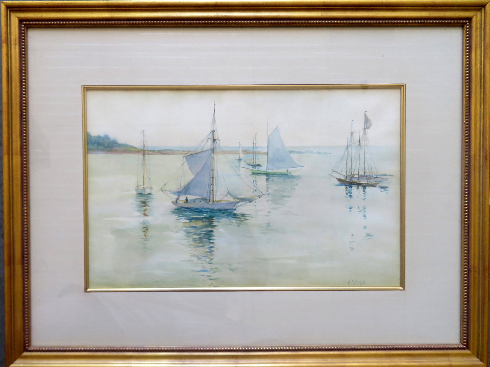W/C Seascape with sailboats in inlet of ocean, 20th: W/C Seascape with sailboats in inlet of ocean, 20th century, signed A.E. Aldrich - possibly Annie E. Aldrich, pottery designer for Marblehead et.al. - American 1857-1937. Total frame size 27 1/4" x 20