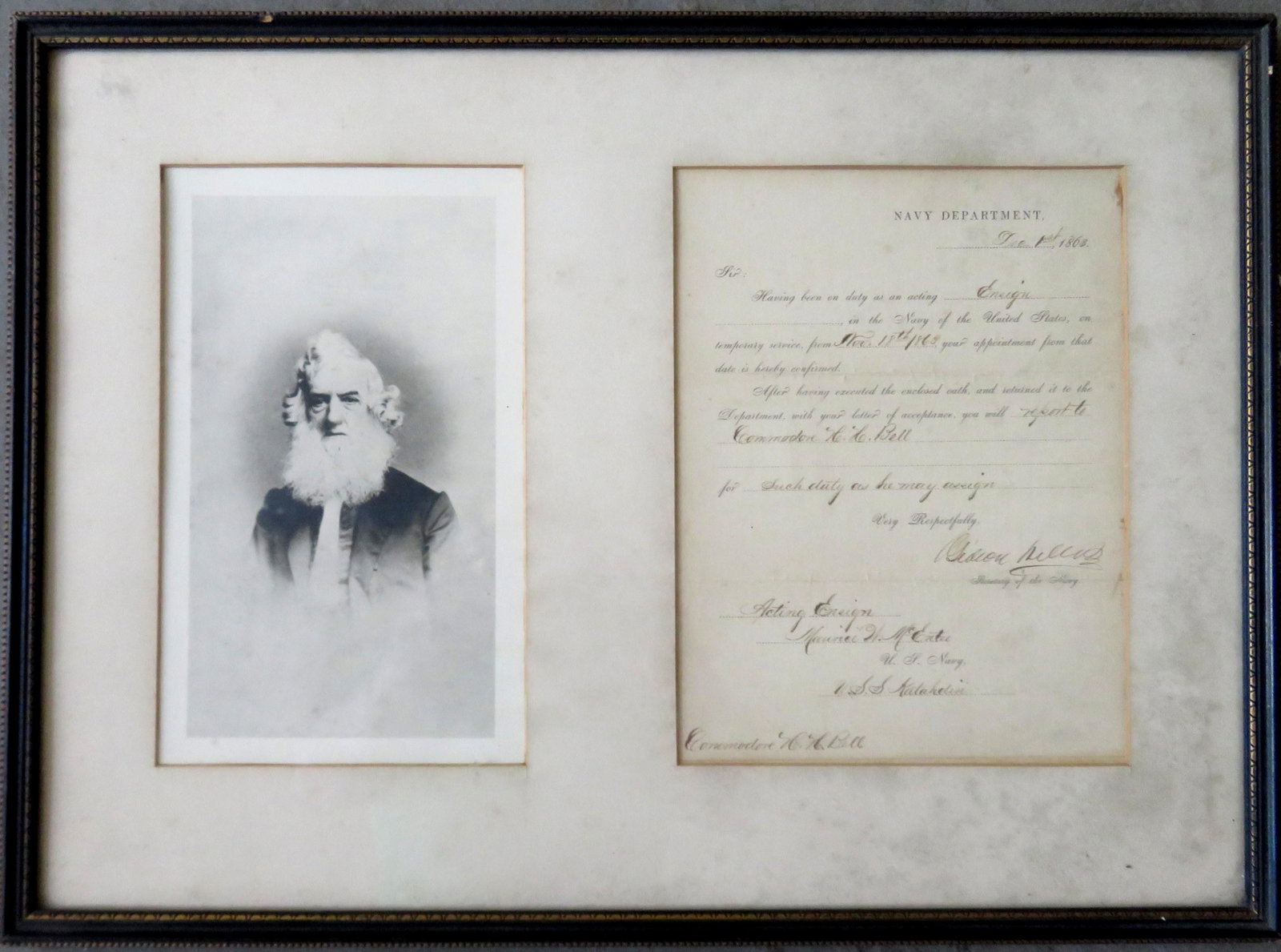 A Civil War document signed Gideon Wells as Secretary: A Civil War document signed Gideon Wells as Secretary of the Navy. The printed document with hand written inscription appointing Acting Ensign Maurice W. McEntee as a commissioned Ensign in 1863. The 