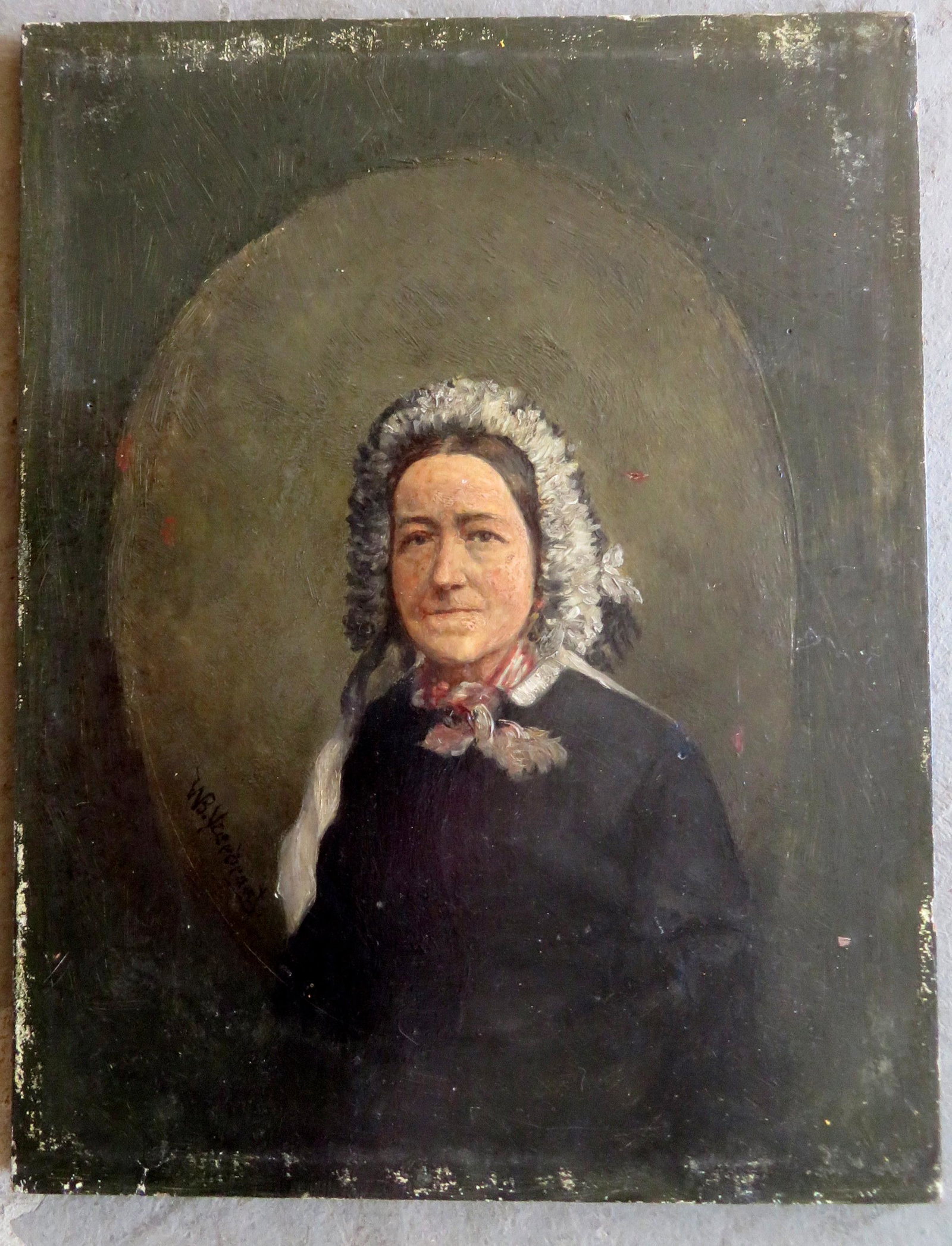 O/B Portrait of a lady wearing bonnet, signed: O/B Portrait of a lady wearing bonnet, signed illegibly, mid 19th century, very good condition. 10 1/2" x 8 1/4".