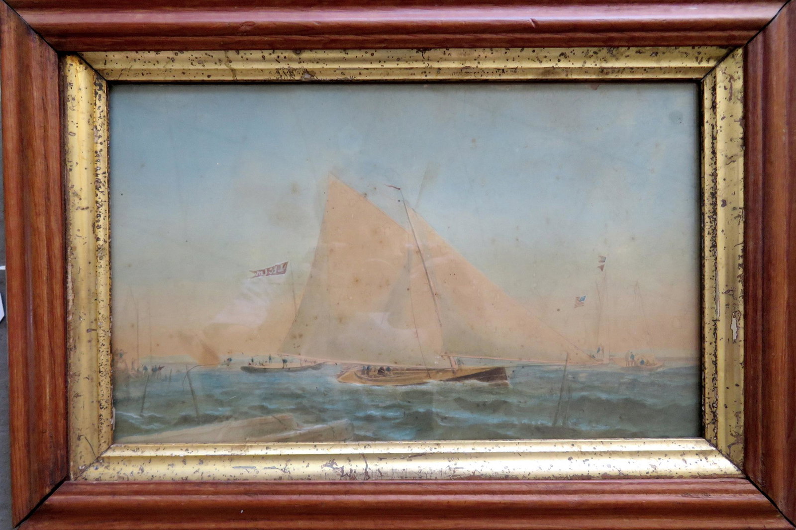 W/C Yacht race, one with an American flag, and another: W/C Yacht race, one with an American flag, and another with a banner that is partially legible that appears to read LECLM. Minor foxing, but overall good condition. Total frame size 15 1/2" x 10 3/4".