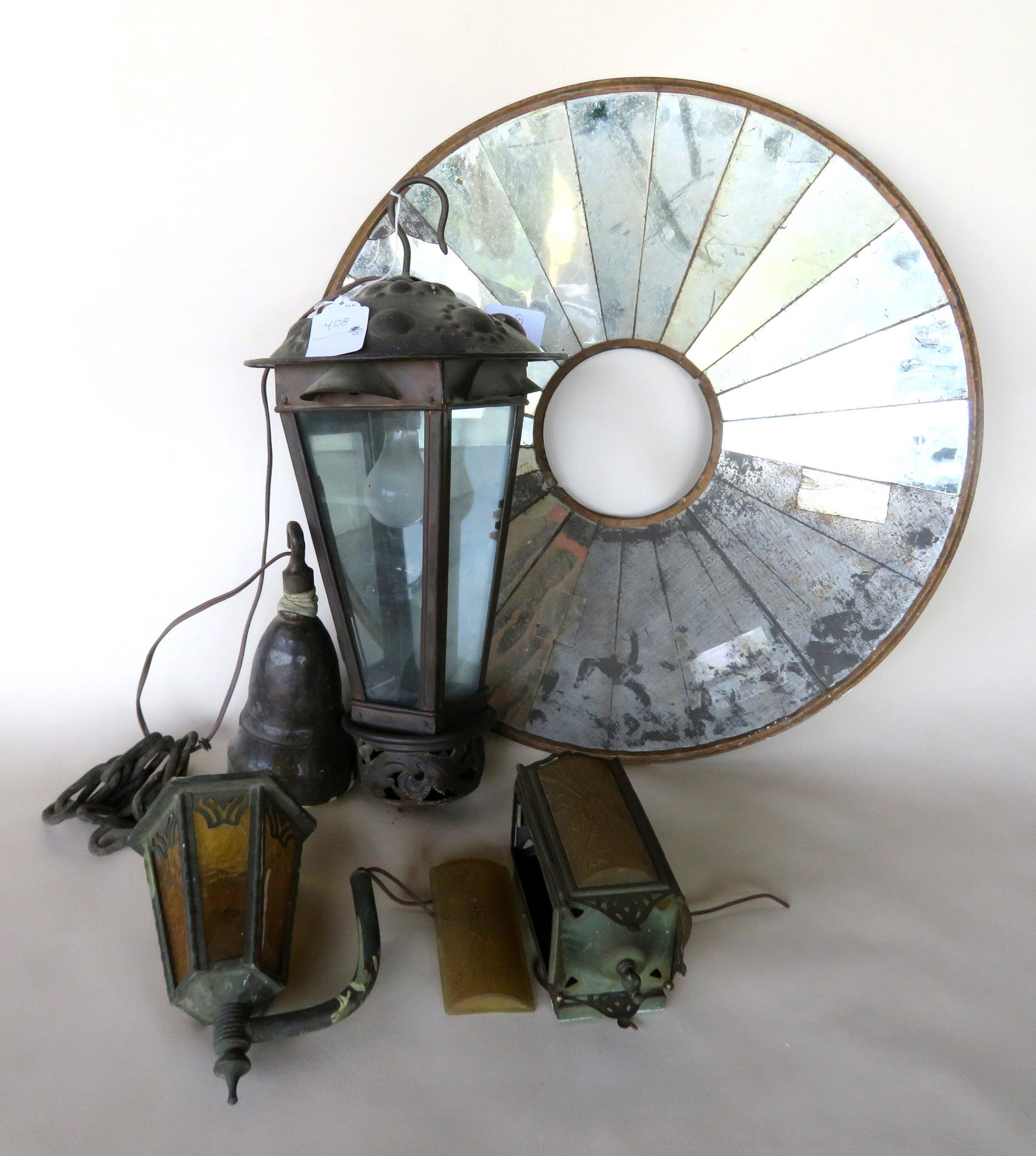 Three Arts and Crafts period lighting fixtures circa: Three Arts and Crafts period lighting fixtures circa 1910-30, plus a 19th century RR reflector light, descriptions follows: A copper ceiling fixture with 4 glass side panels, good condition - receptac
