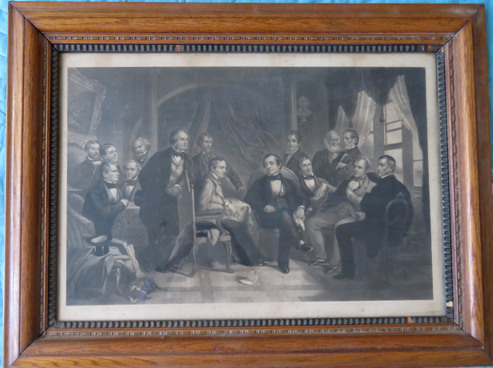 Large folio steel engraving titled "The Last Days of: Large folio steel engraving titled "The Last Days of Webster At Marshfield", published by Smith & Parmelee NY - 1858, engraved by C. Mottram, after a painting by Joseph Ames. Appears to retain origina