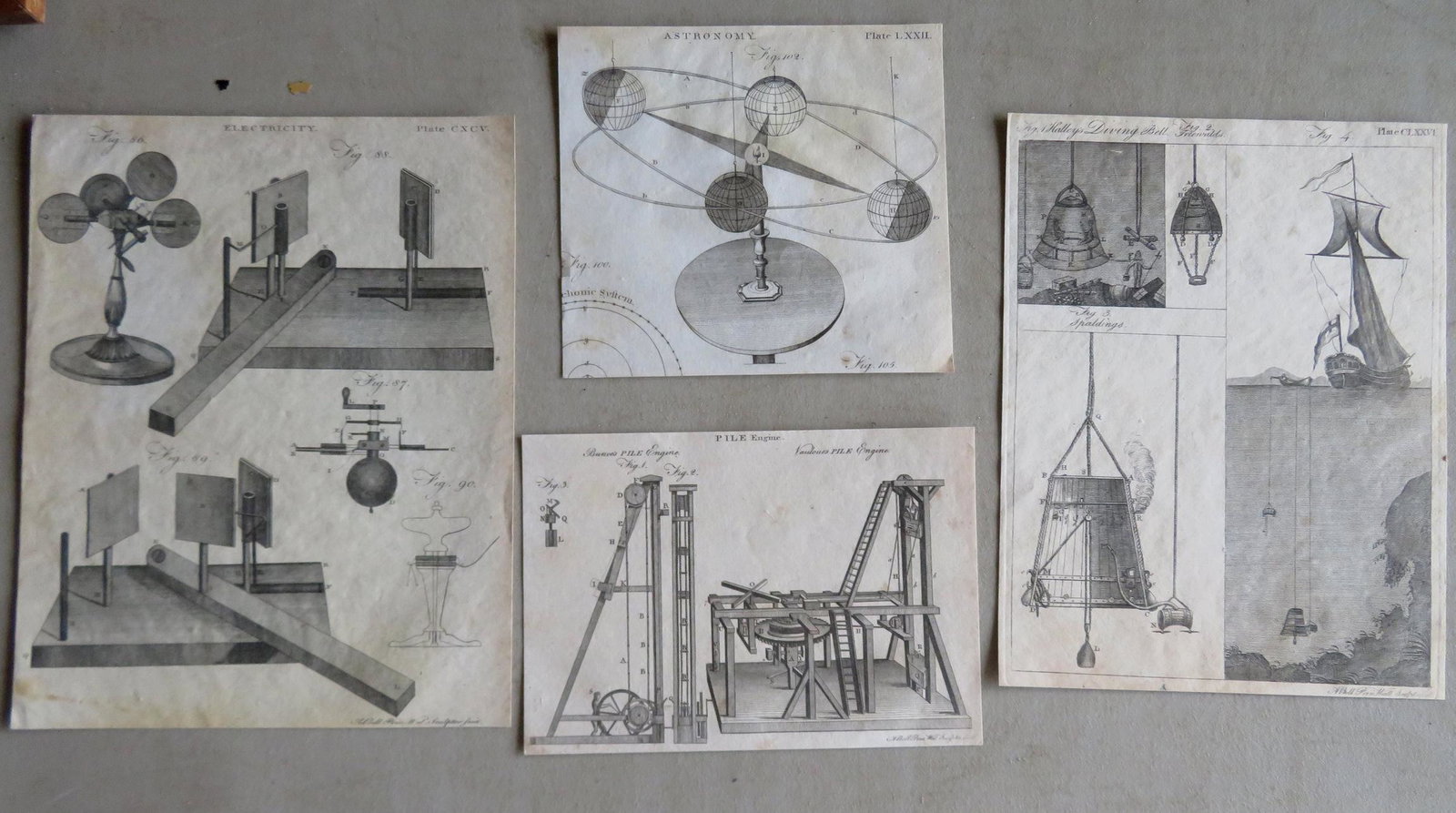 A grouping of mostly scientific engravings including: A grouping of mostly scientific engravings including Astronomy, Electricity, Halley's Diving Bell, Bunce's Pile Engine. Most plates are book pages or clipped from book pages, early 18th century and in