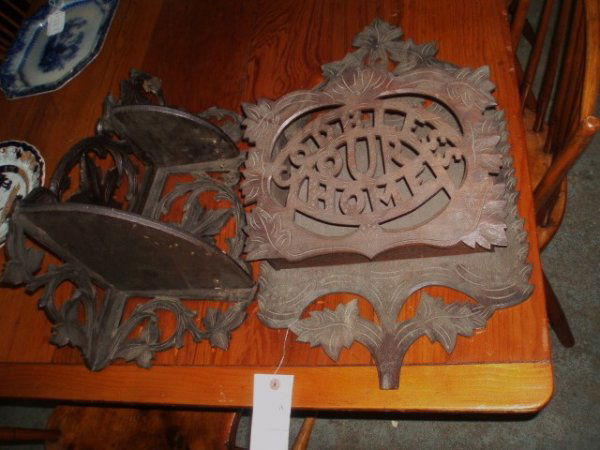 Two Victorian wall racks - one with fretwork desi: Two Victorian wall racks - one with fretwork design: "God Bless Our Home"