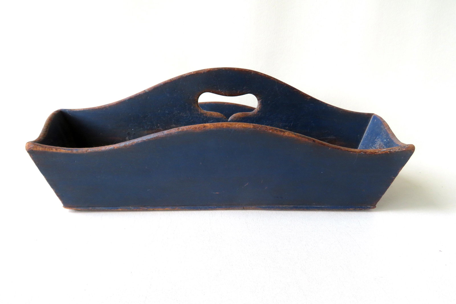 Cutlery box in old blue paint with dovetailed sides,: Cutlery box in old blue paint with dovetailed sides, 19th century. 17 1/2"L x 10"W x 6"H.