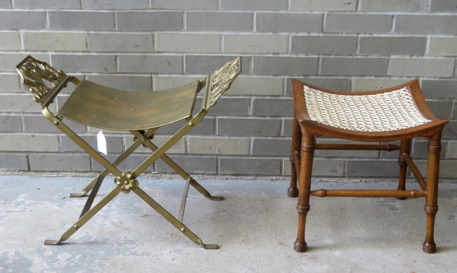 Two vintage stools. The first in the Arts & Crafts: Two vintage stools. The first in the Arts & Crafts style in metal with gold paint and concave seat in old gold paint, circa 1920; the second in wood is a Thebes style oak stool with cane seat made in 