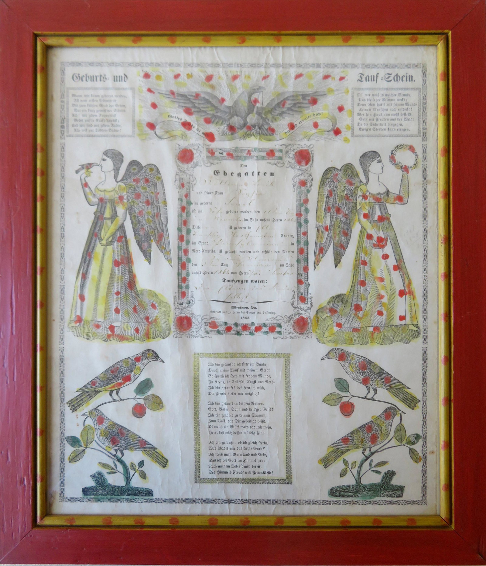 A hand colored Pennsylvania Fraktur lithograph dated: A hand colored Pennsylvania Fraktur lithograph dated 1863 - creases in paper, otherwise good condition. Mounted in a newer hand painted folkart frame. Total frame size 17 1/2" x 20".