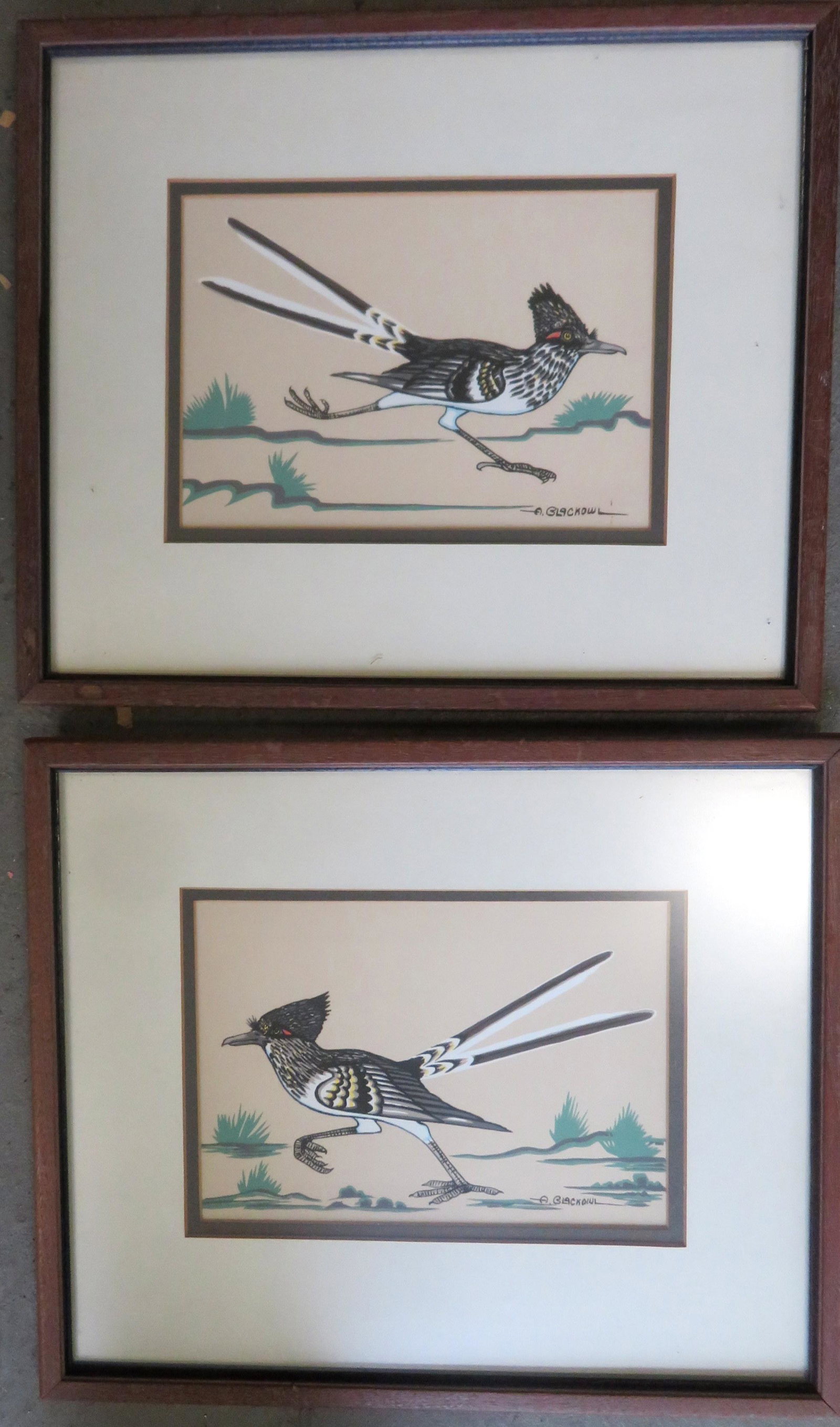 Archie Blackowl (Cheyenne artist, Oklahoma 1911-1992).: Archie Blackowl (Cheyenne artist, Oklahoma 1911-1992). Two silkscreens of Roadrunners, mid 20th century. Both professionally framed and double matted and in very good condition. Total frame size 11" x