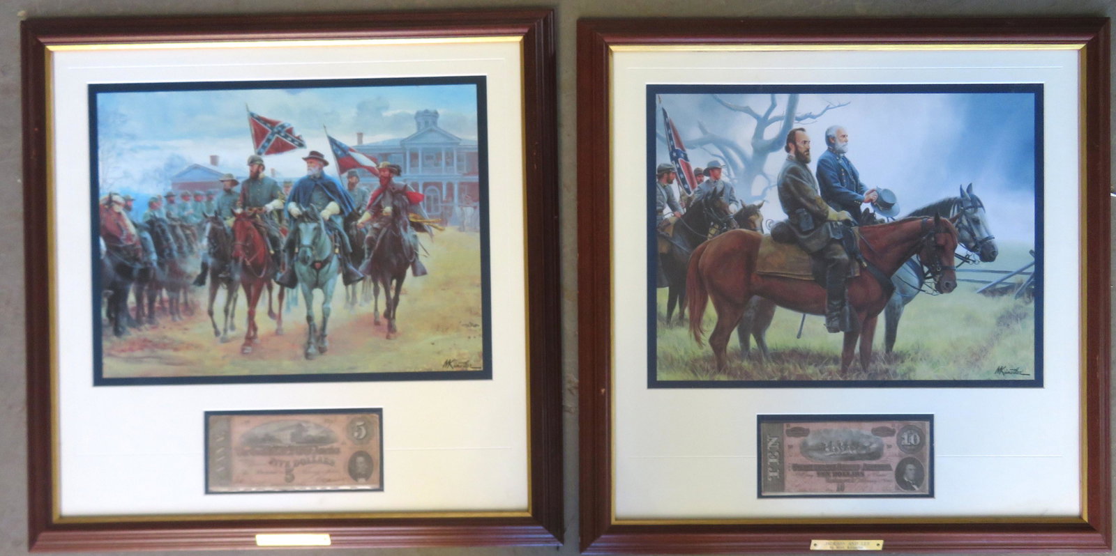 Two professionally framed and matted modern Civil War: Two professionally framed and matted modern Civil War prints including: 1) Titled "Jackson and Lee" signed Mort Kunstler - includes a confederate $10 bill within mat - excellent condition - 22" square