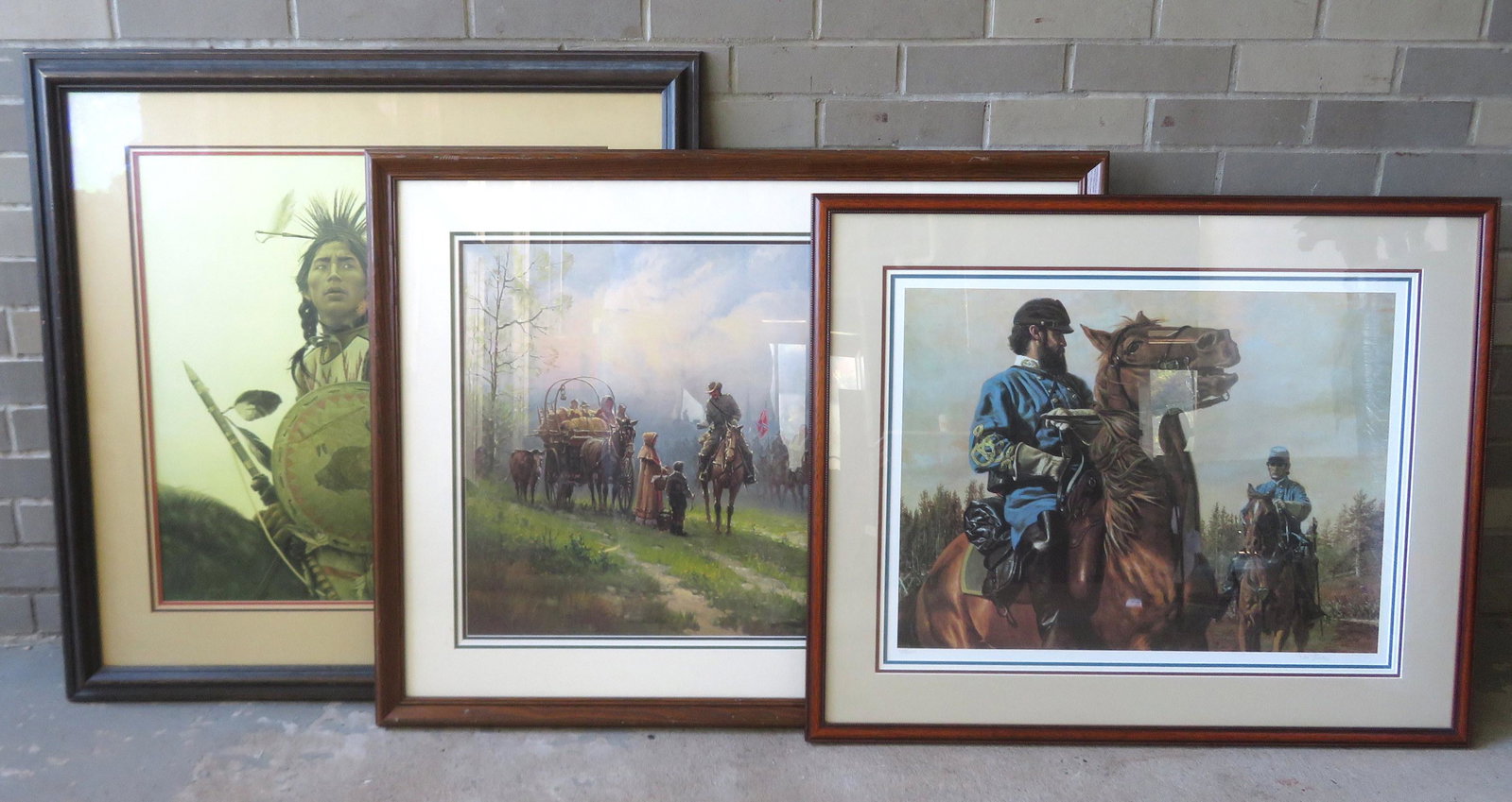 Three professionally framed and matted limited edition: Three professionally framed and matted limited edition modern prints including 2 Civil War and 1 Native American, including: 1) Confederate Stonewall Jackson on horseback, signed by artist Don Stivers