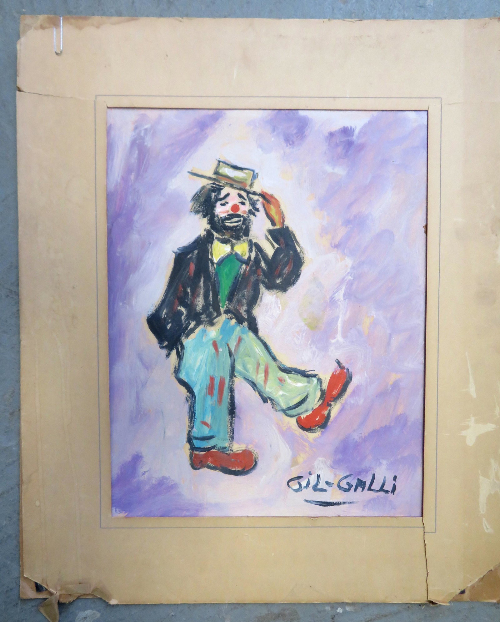 W/C-Gouache of a dancing clown signed Gil-Galli. Note: W/C-Gouache of a dancing clown signed Gil-Galli. Note the stamped markings on reverse â€œFRENCH PAVILION / NEW YORK WORLDâ€™S FAIR / 1964-65” and â€œORIGINAL / HAND PAINTED / TEN DO