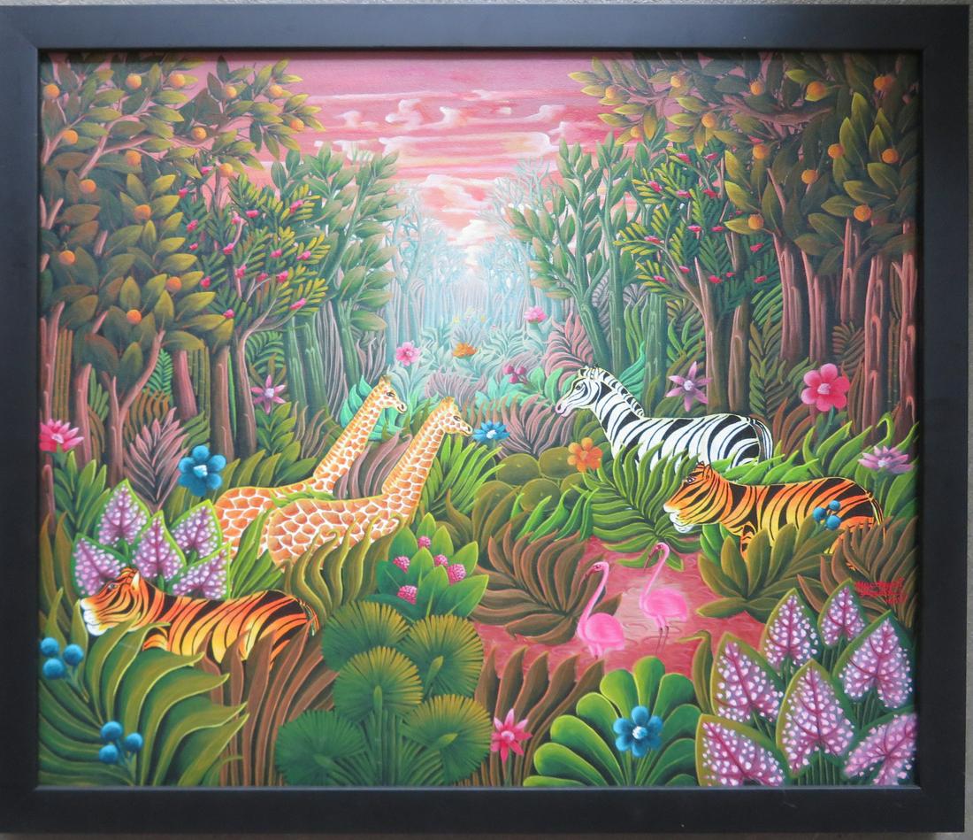 A colorful O/C Haitian scene depicting wild animals in: A colorful O/C Haitian scene depicting wild animals in jungle, signed Josephat Tissaint (Haiti, 20th century - he was born in Port-au-Prince, Haiti in the late 1960s. He worked with the famous painter