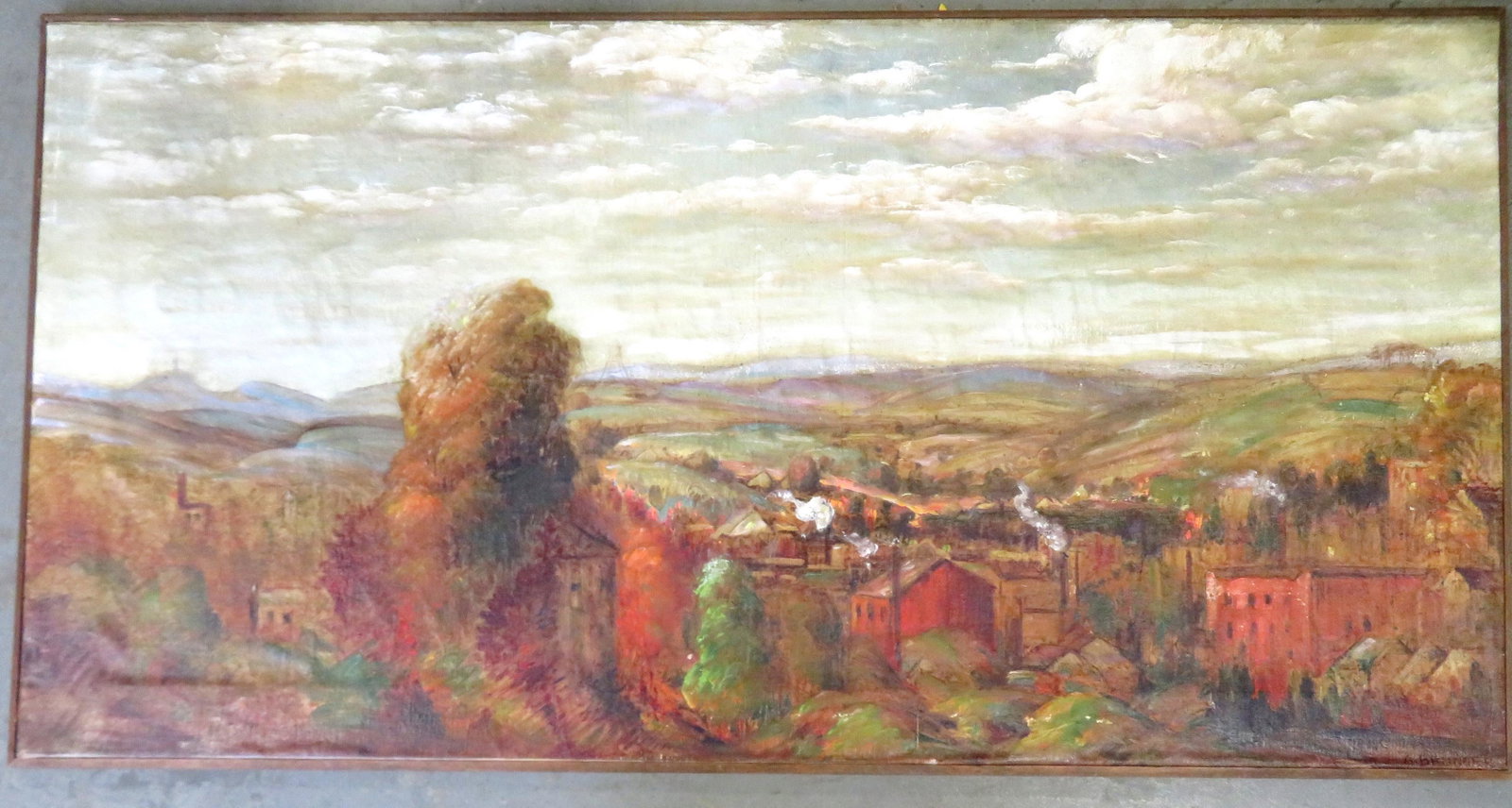 O/C (applied to board) Industrial city scene, probably: O/C (applied to board) Industrial city scene, probably Kingston NY area, signed illegibly. Total frame size 52" x 27". Good condition. Mid 20th century.