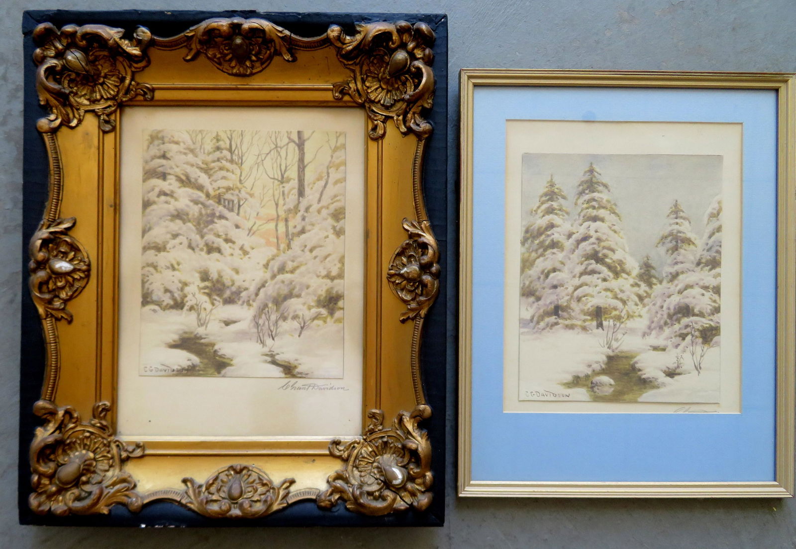 Charles Grant Davidson, NY, 1865-1945. Two W/C Winter: Charles Grant Davidson, NY, 1865-1945. Two W/C Winter landscapes with evergreen trees covered with snow. Both signed in pencil, C.G. Davidson and C. Grant Davidson and are in very good condition. Circ