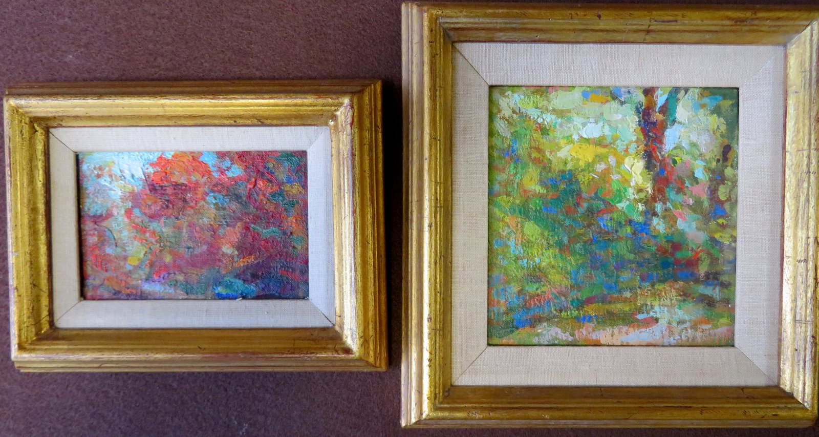 Anthony Toney, NY/Calif 1913-2004. Two O/B Modernistic: Anthony Toney, NY/Calif 1913-2004. Two O/B Modernistic flowers, both signed on reverse and one dated 1984, and the other with title that appears to read "Katonah Path". Total frame size of the largest