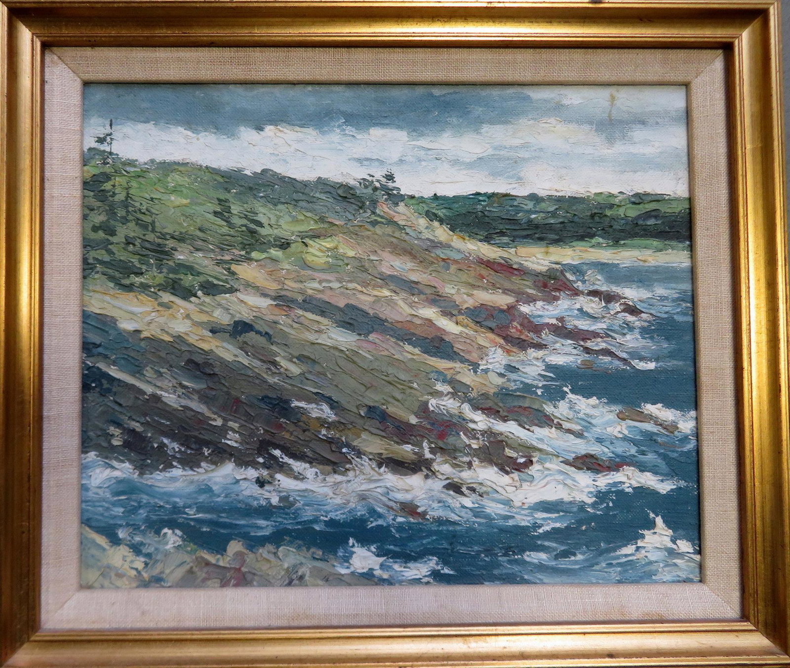 O/C Impressionist seascape depicting an ocean beach: O/C Impressionist seascape depicting an ocean beach front, late 20 th century. Total frame size 11" x 13". Provenance: From the Stanley Blum estate, Rhinebeck NY.