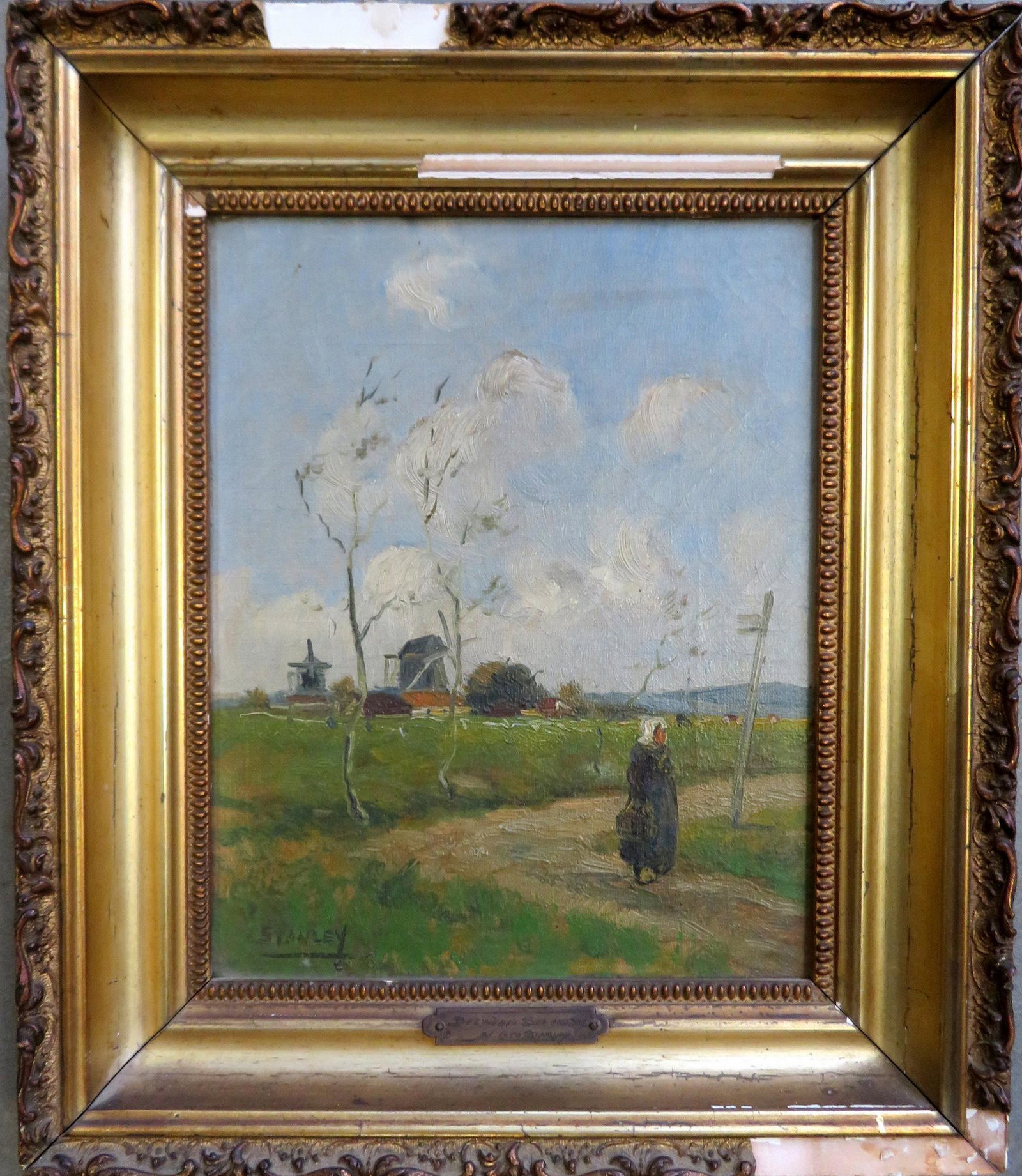 O/C Landscape with lady walking down path and buildings: O/C Landscape with lady walking down path and buildings in background, titled on plaque "Between Sea and Sky / Geo. Stanley" - signed lower left "Stanley" - probably George Stanley, Colorado and New M