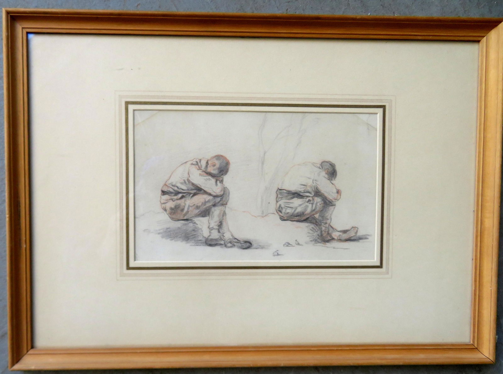 Attributed to John Linnell (London 1729-1882 Redhill,: Attributed to John Linnell (London 1729-1882 Redhill, Surrey). Two chalk studies of a seated boy, his head in his hands, with three chicks in the foreground - red and black chalk on paper. 6¼ x