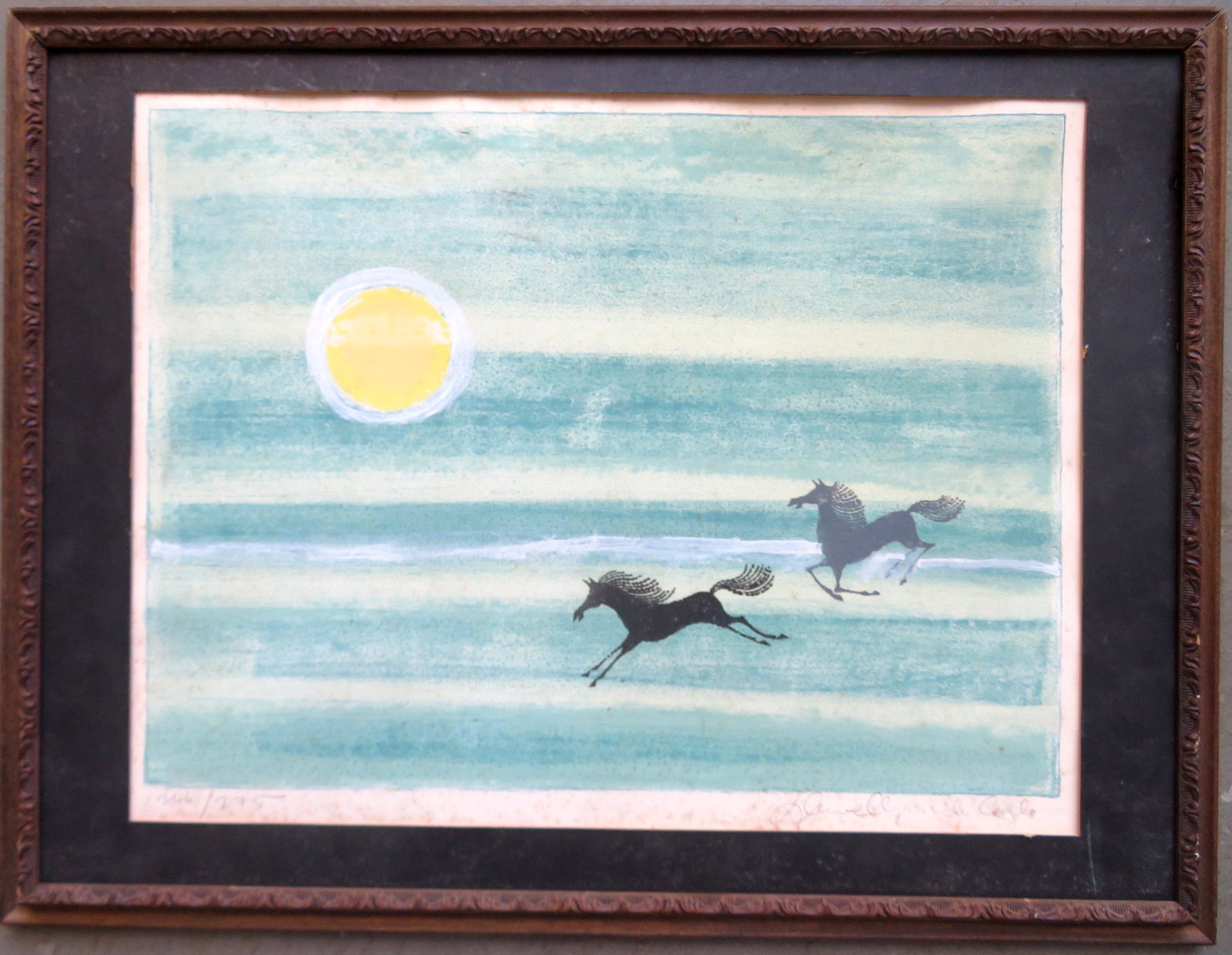 Keith Llewellyn De Carlo, Panama (1925-1981) - later: Keith Llewellyn De Carlo, Panama (1925-1981) - later a US citizen. Print of 2 galloping horses and sunrise, artist pencil signed in limited edition 246/275. Authentication sticker on reverse from Coll