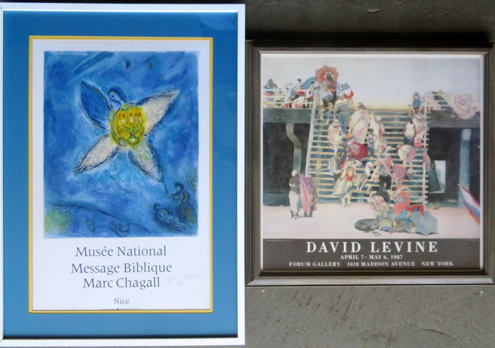 Two artist signed posters: 1) Marc Chagall: Two artist signed posters: 1) Marc Chagall (French/Russian, 1887-1985) - original Chagall artist signed poster depicting an angel with menorah, titled â€œMusee National / Message Biblique / Marc C