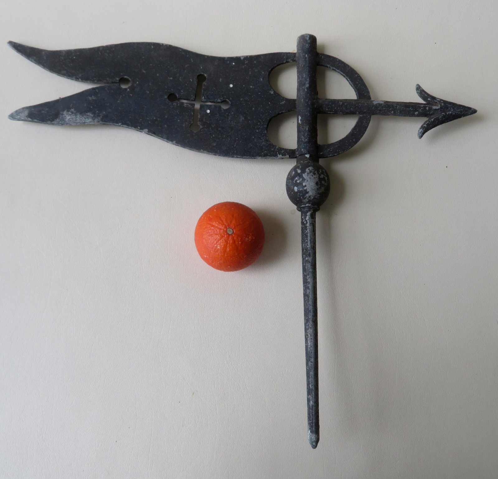 A molded aluminum silhouette banner weathervane - 22: A molded aluminum silhouette banner weathervane - 22 1/2"W x 18 1/4"H, circa 1950 - traces of original black paint and in very good condion. Made by the "Yankee Copper Kocker - Andrew Tucker & Sons St