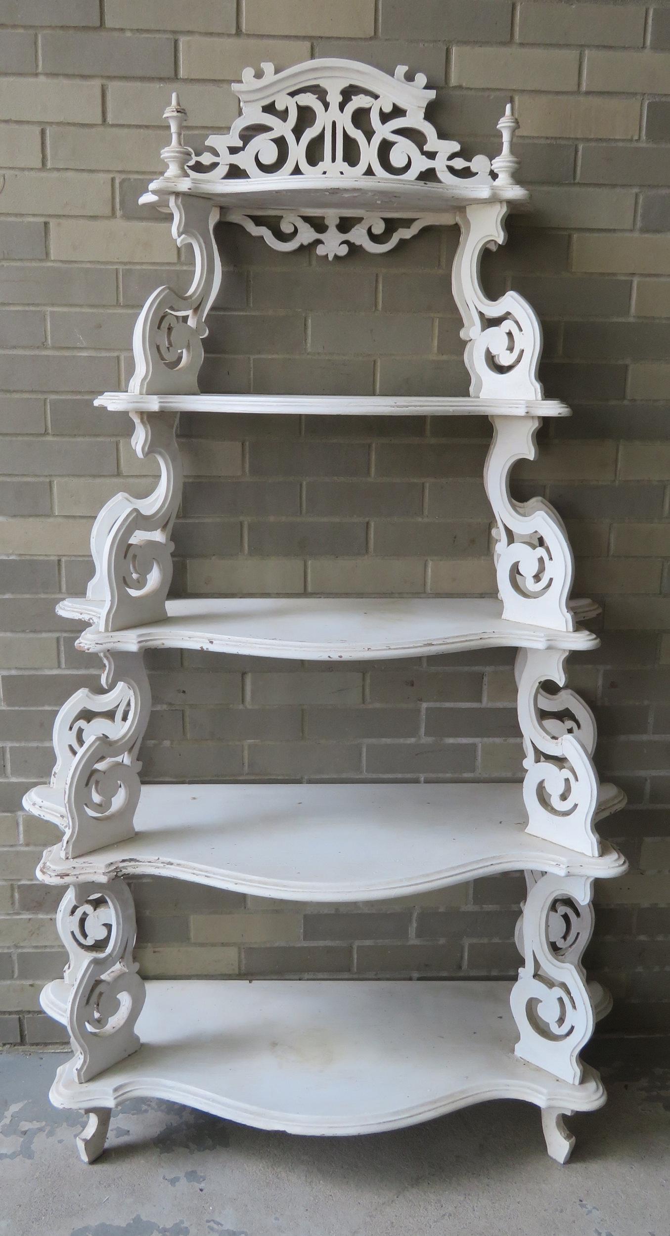 A 5 tier Victorian etagere in newer white paint.: A 5 tier Victorian etagere in newer white paint. Good condition. 43"W x 16"D x 69"H. Provenance: From the Stanley Blum estate, Rhinebeck NY.