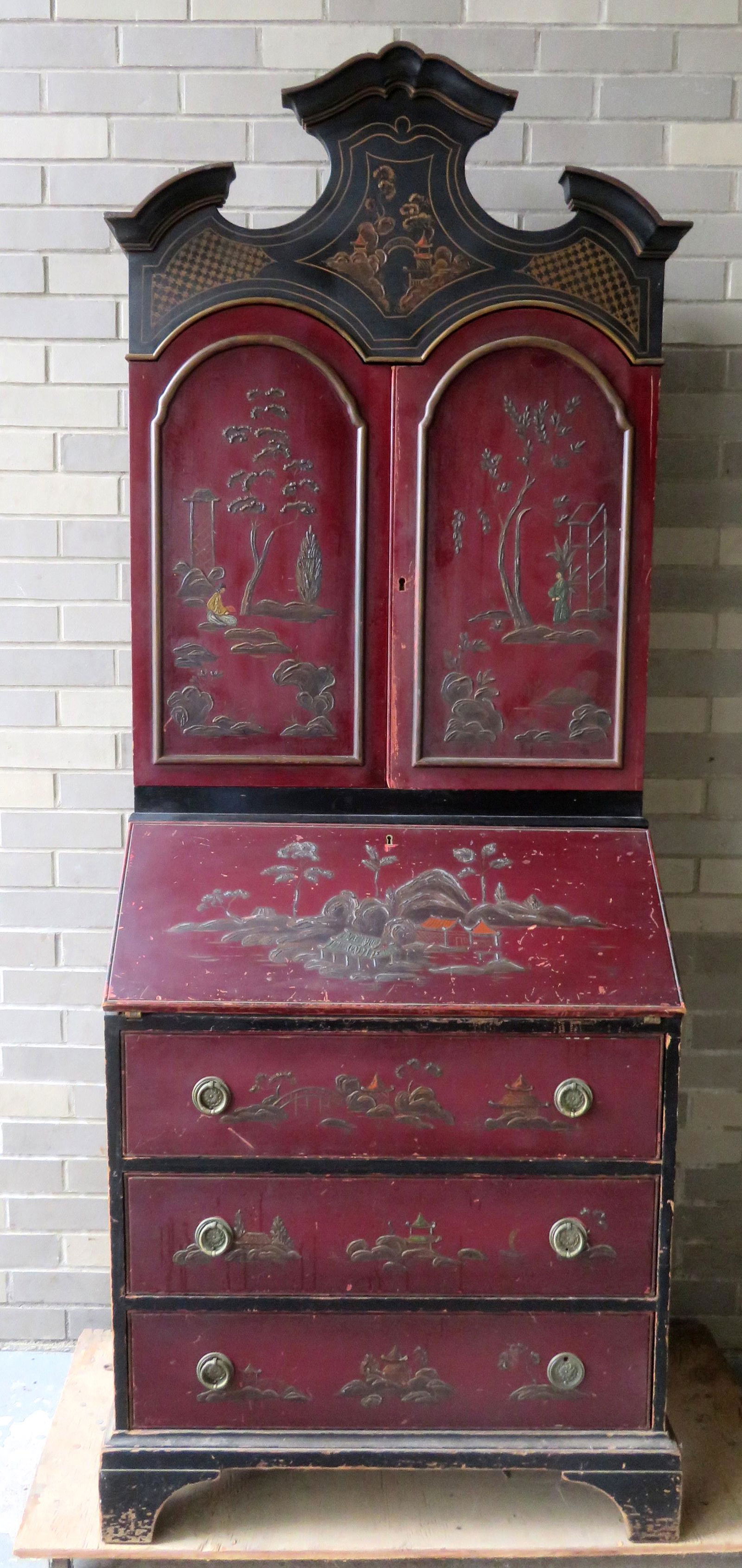 Chinoiserie style hand painted secretary desk having 2: Chinoiserie style hand painted secretary desk having 2 paint decorated doors over a paint decorated drop front over 3 paint decorated drawers on bracket base, early to mid 20th century. The interior w