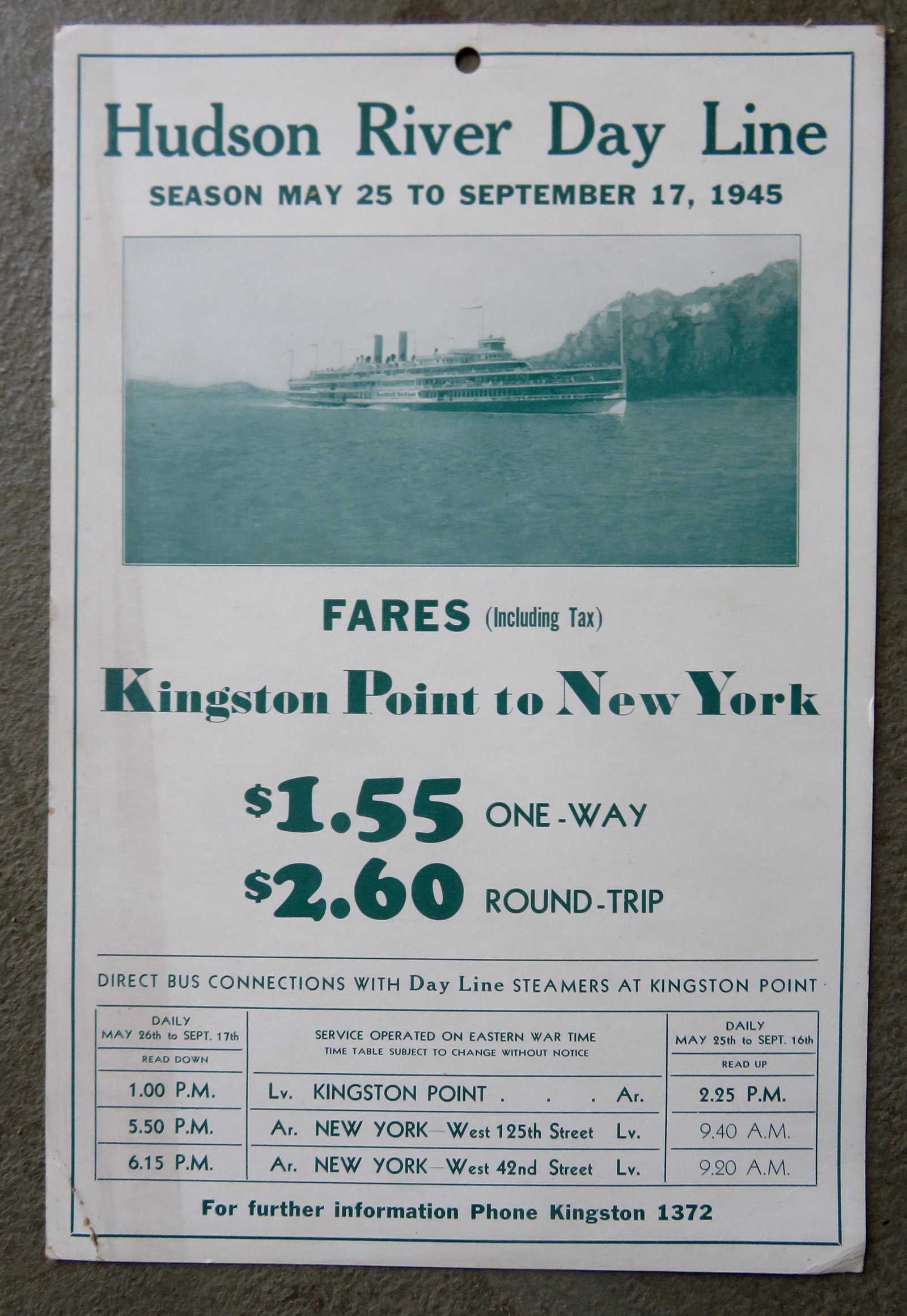 Hudson River Day Line poster, 1945 season, Kingston: Hudson River Day Line poster, 1945 season, Kingston Point to New York. Very good condition.