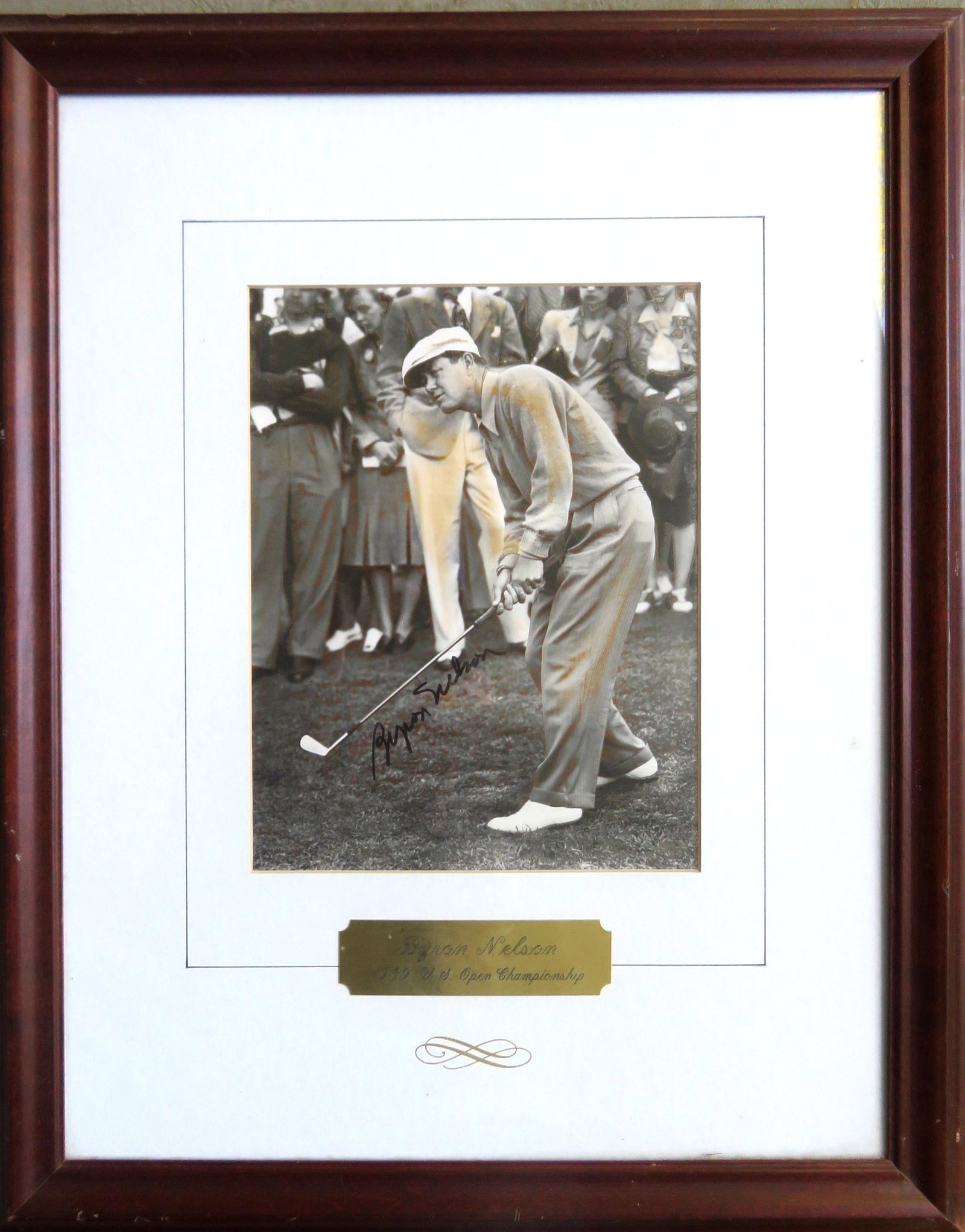 Byron Nelson autographed and tinted photo,: Byron Nelson autographed and tinted photo, professionally framed and matted - plaque applied to base of image "Byron Nelson 1939 U.S. Open Championship". Byron Nelson (1912-2006) was an American profe