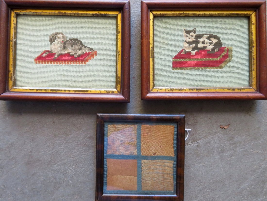 Three small 19th c. framed textiles.: Three small 19th century framed textiles including needlepoint images of a reclining cat and a reclining Spaniel dog - original black walnut frames with gold insets - frame size of each 6 1/2\" x 8 1/