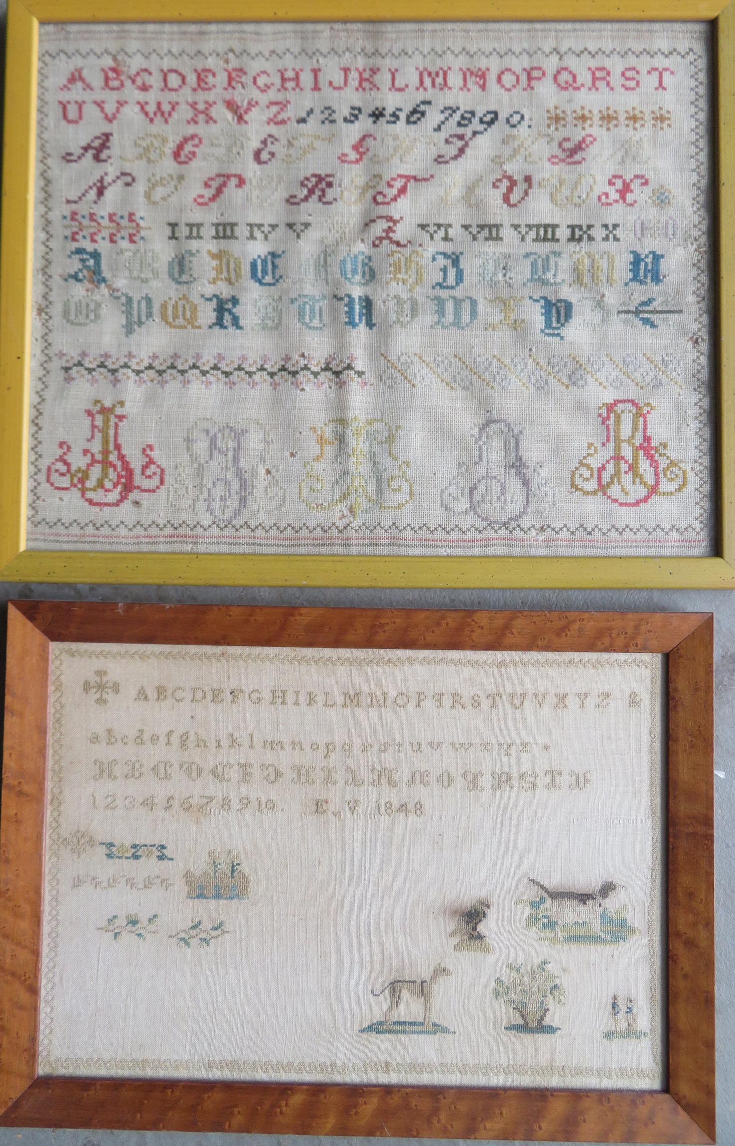 Two alphabet samplers, 19th century; the first, not: Two alphabet samplers, 19th century; the first, not signed with images of a bird, sporting dog, greyhound dog, flowers in vase and figures, signed E.V. and dated 1848 - mounted in a 19th century birds