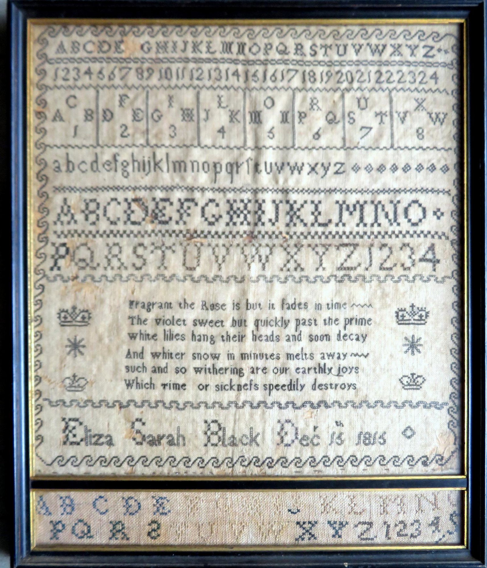 An alphabet, numerical and poetical sampler signed: An alphabet, numerical and poetical sampler signed Eliza Sarah Black Dec16th 1815. The verse reads "Fragrant the Rose is but it fades in time / The violet sweet but quickly past the prime / White lili