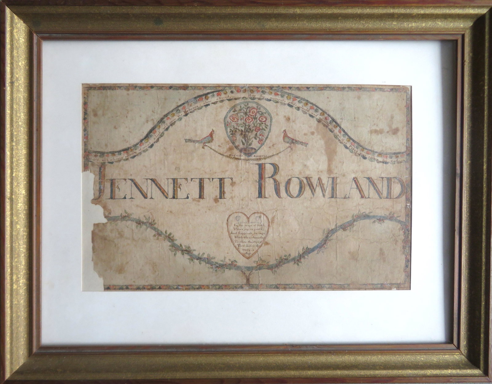 Pennsylvania Quaker presentation valentine watercolor: Pennsylvania Quaker presentation valentine watercolor signed JENNETT ROWLAND, circa 1800. This composition is attributed to s Quaker named Jennett Rowland who married Samuel Johnson in the Philadelphi